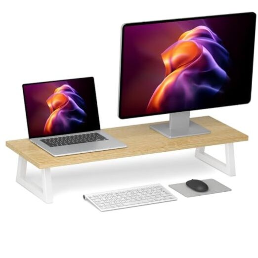 Dual Monitor Riser - Wide TV Stand for 2 Monitors - Wood & 31.5 inch Maple