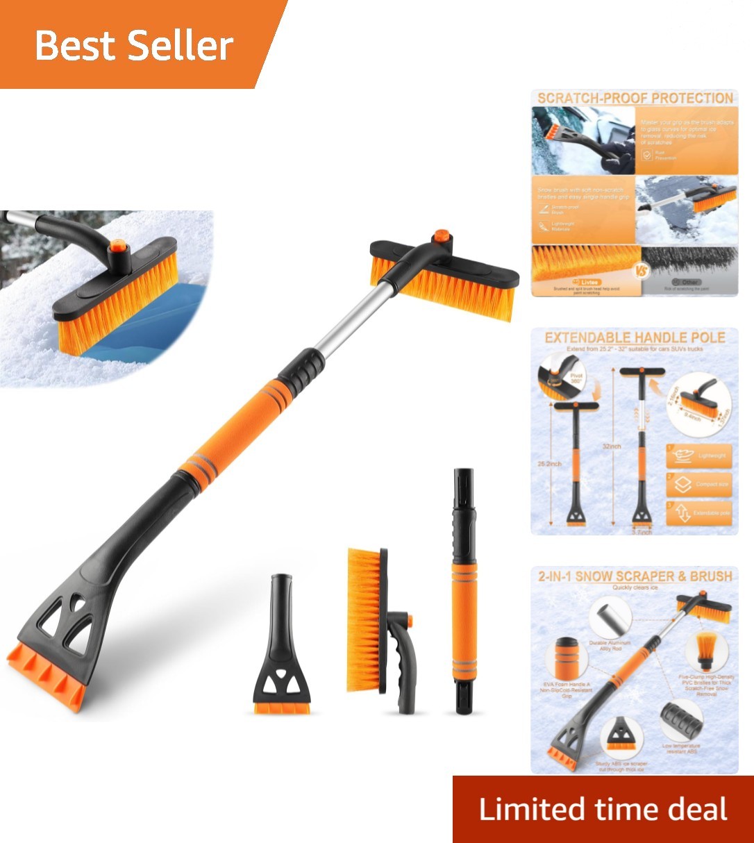 32" Extendable Ice Scraper & Snow Brush - 360° Rotating for Ultimate Convenience