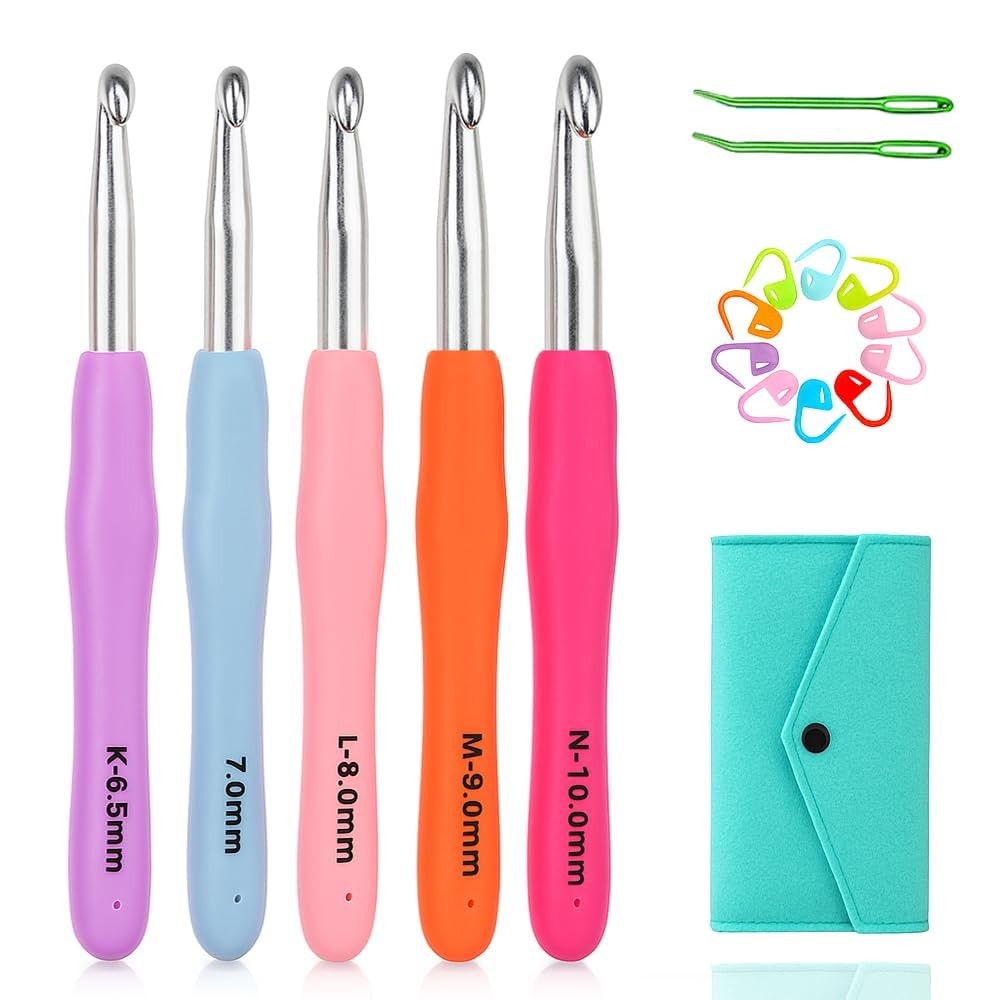 Ergonomic Large Crochet Hooks Set 6.5mm-10mm Aluminum Soft Grip 5 Pack