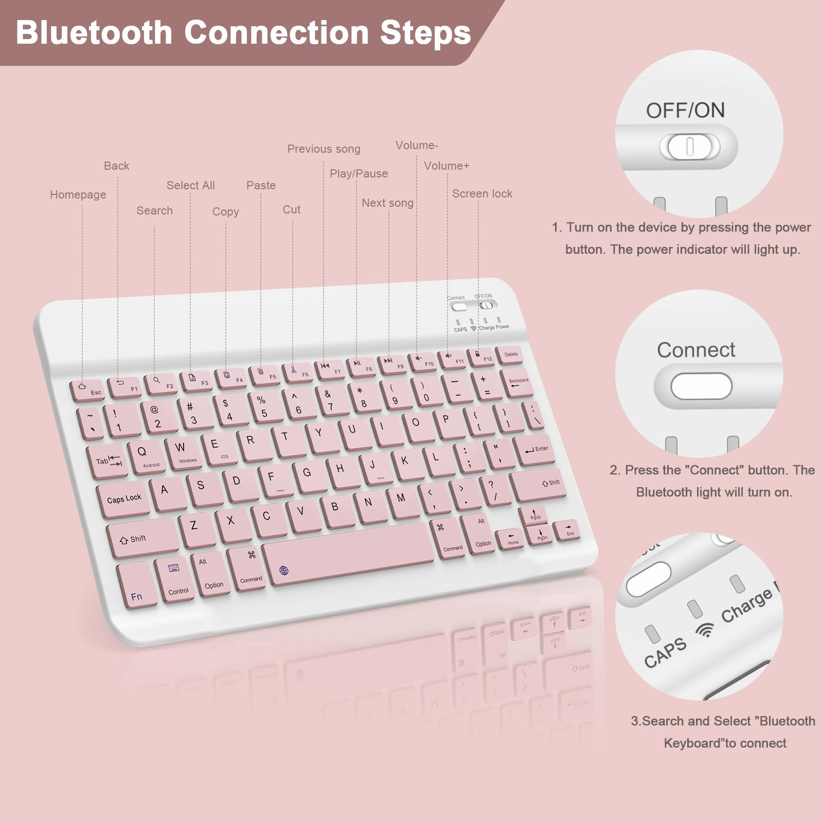 NOOX Bluetooth Keyboard for iPad A16 11th 10th Generation, Pro Pink