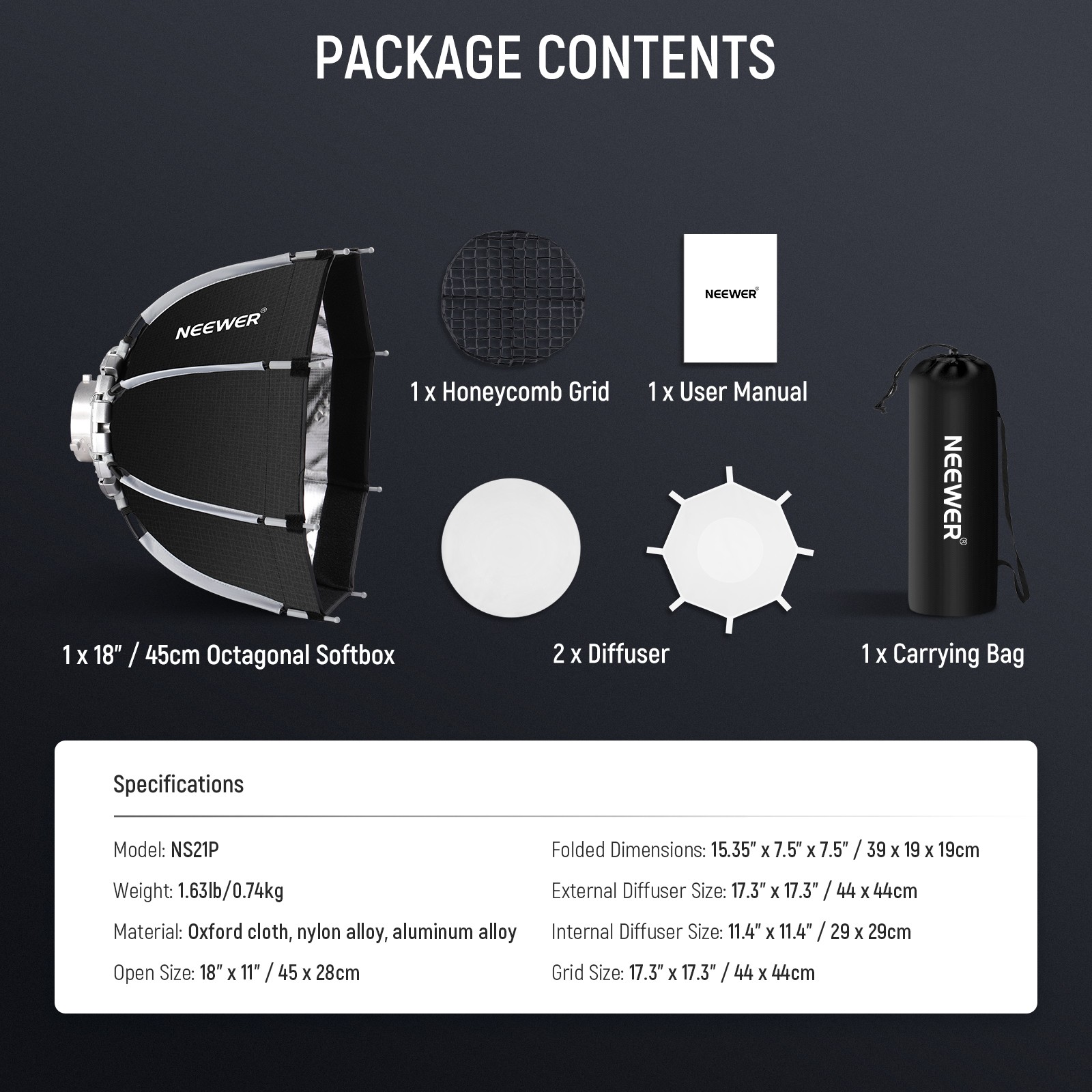 NEEWER NS21PD 18" Octa Softbox - Bowens Mount w/ Grid & Diffuser