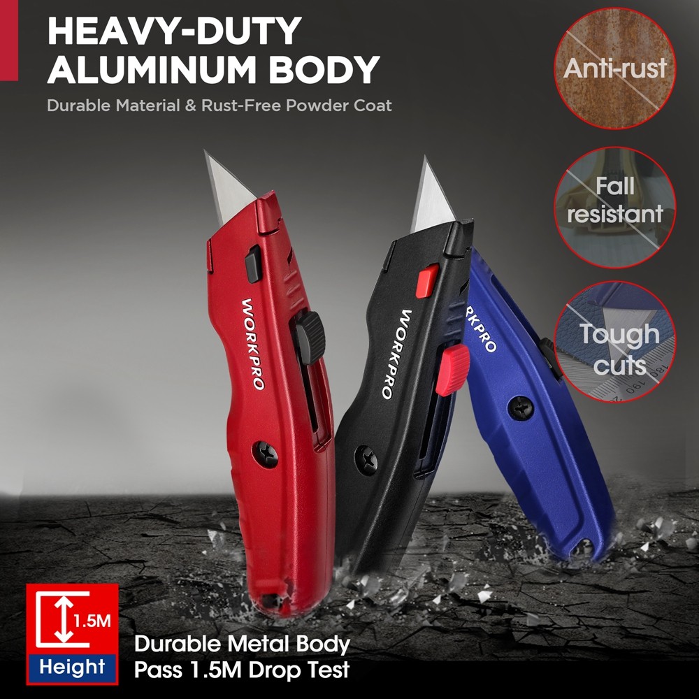 WORKPRO 3 PACK Premium Utility Knife Retractable All Metal Heavy Duty Box Cutter