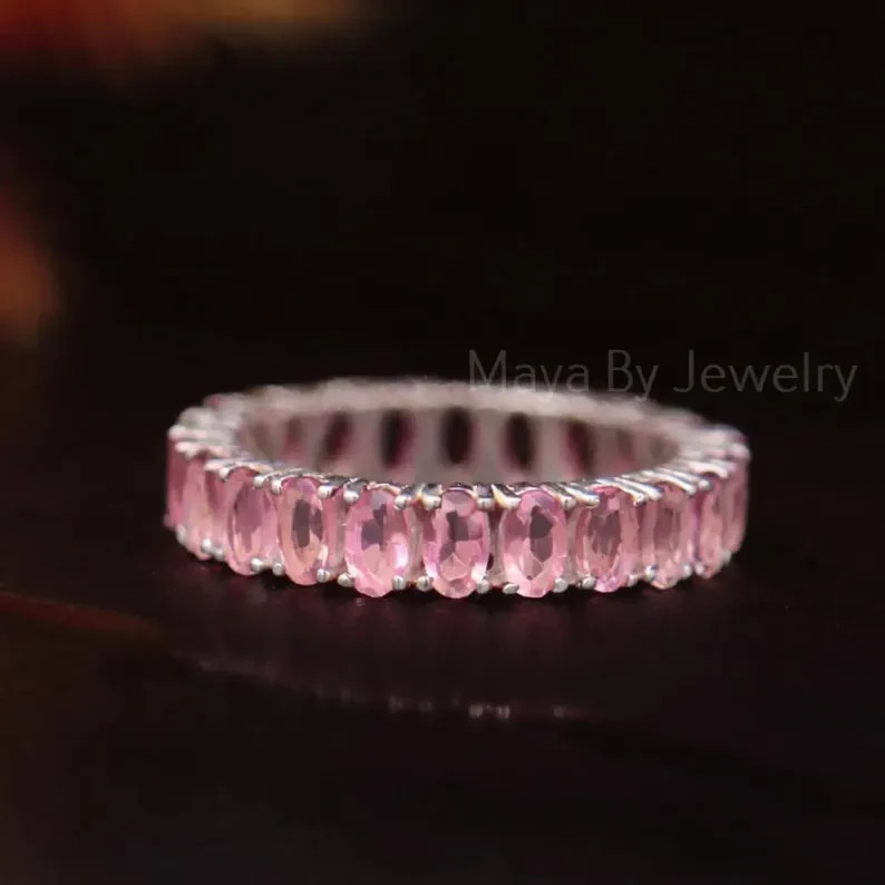 Pink Topaz Gemstone Eternity Band Ring, 925 Sterling Silver Women Gift Jewelry
