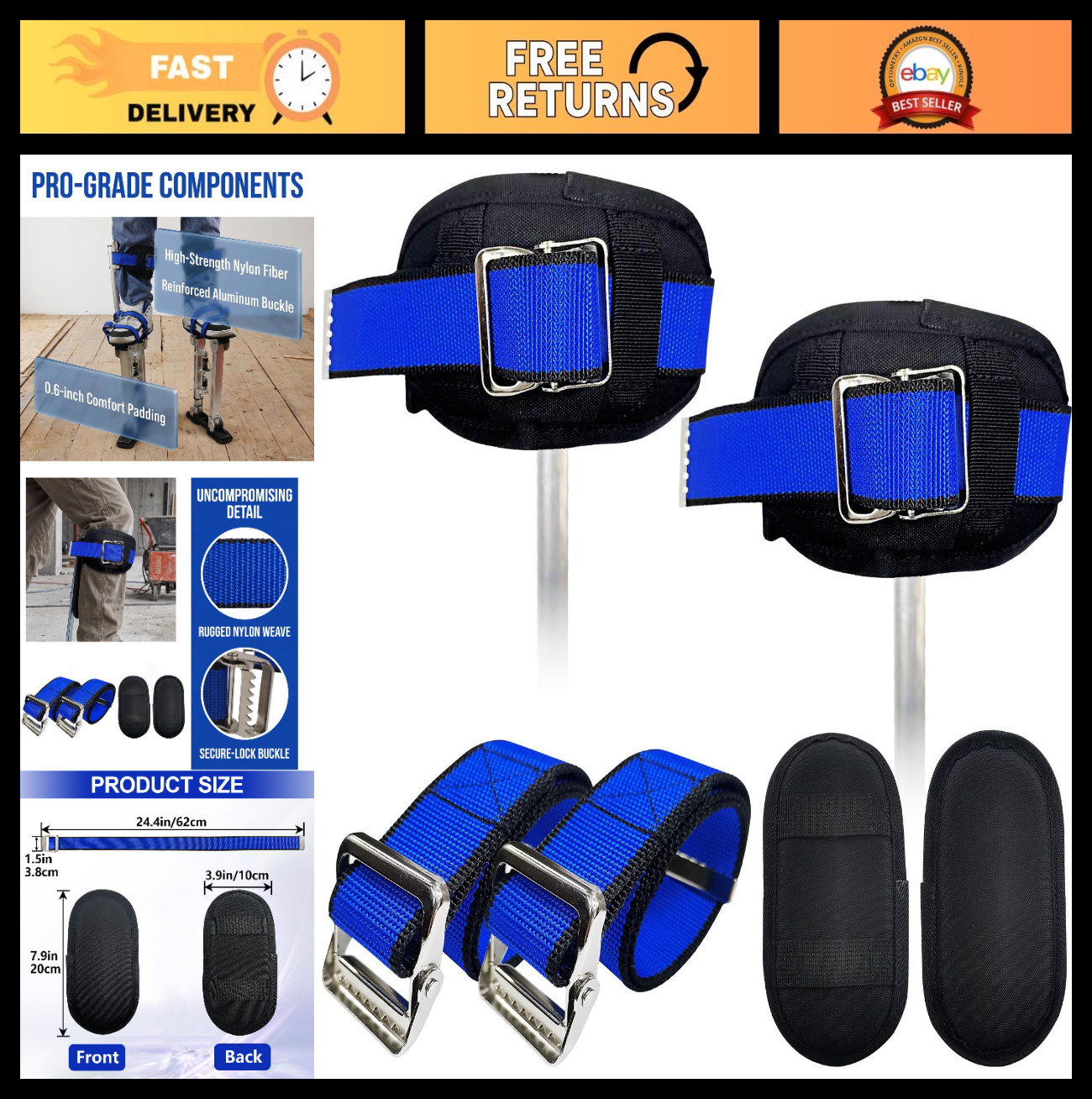 Drywall Stilt Replacement Parts - 2 Adjustable Straps & Comfort Pads Set for Con