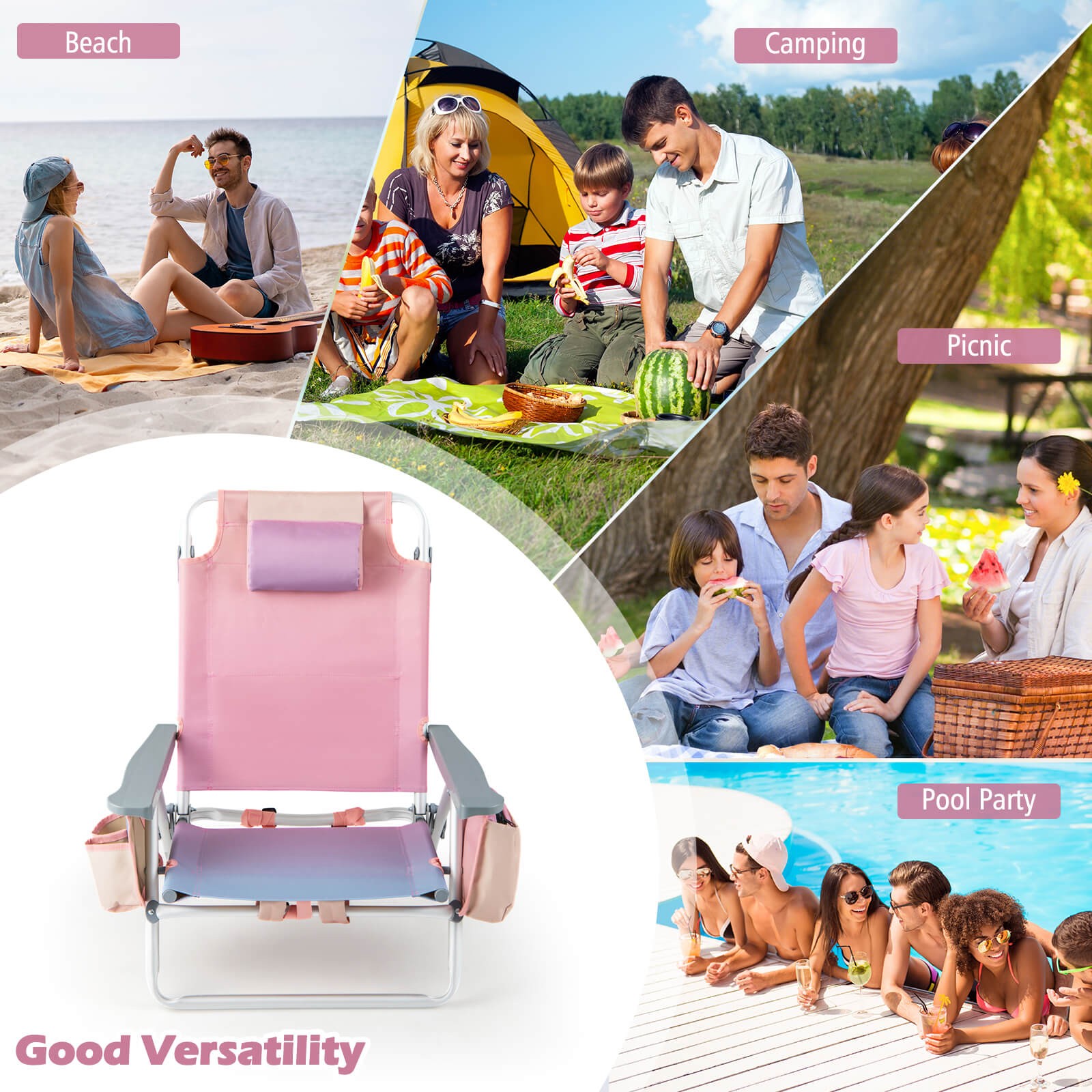 2-Pack Folding Backpack Beach Chair 5-Position Outdoor Reclining Chairs w/Pillow