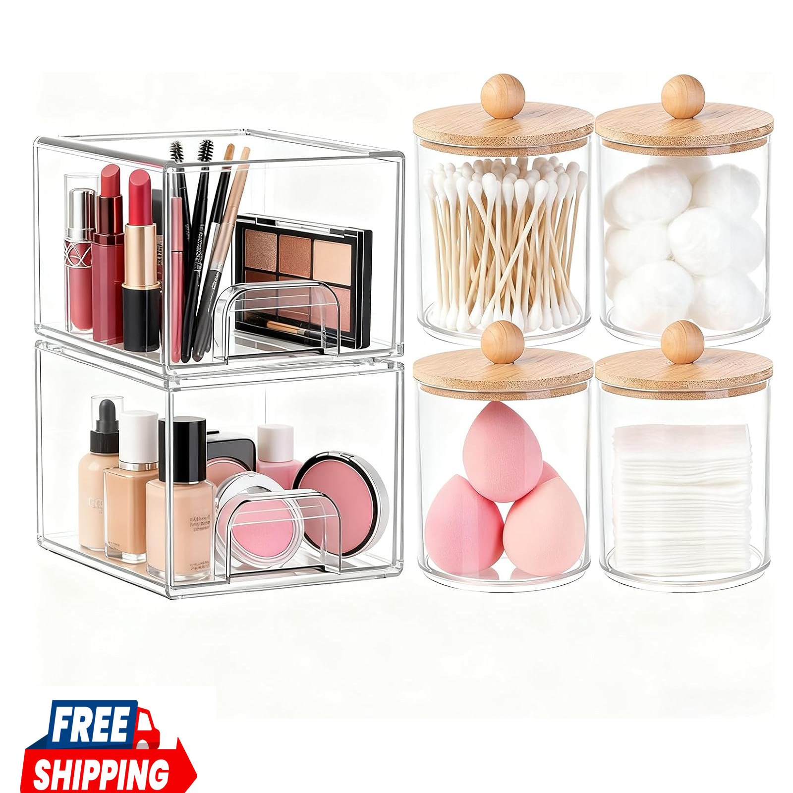 6 Pack Clear Stackable Storage Drawers & Qtip Holder Dispenser with Bamboo Lids