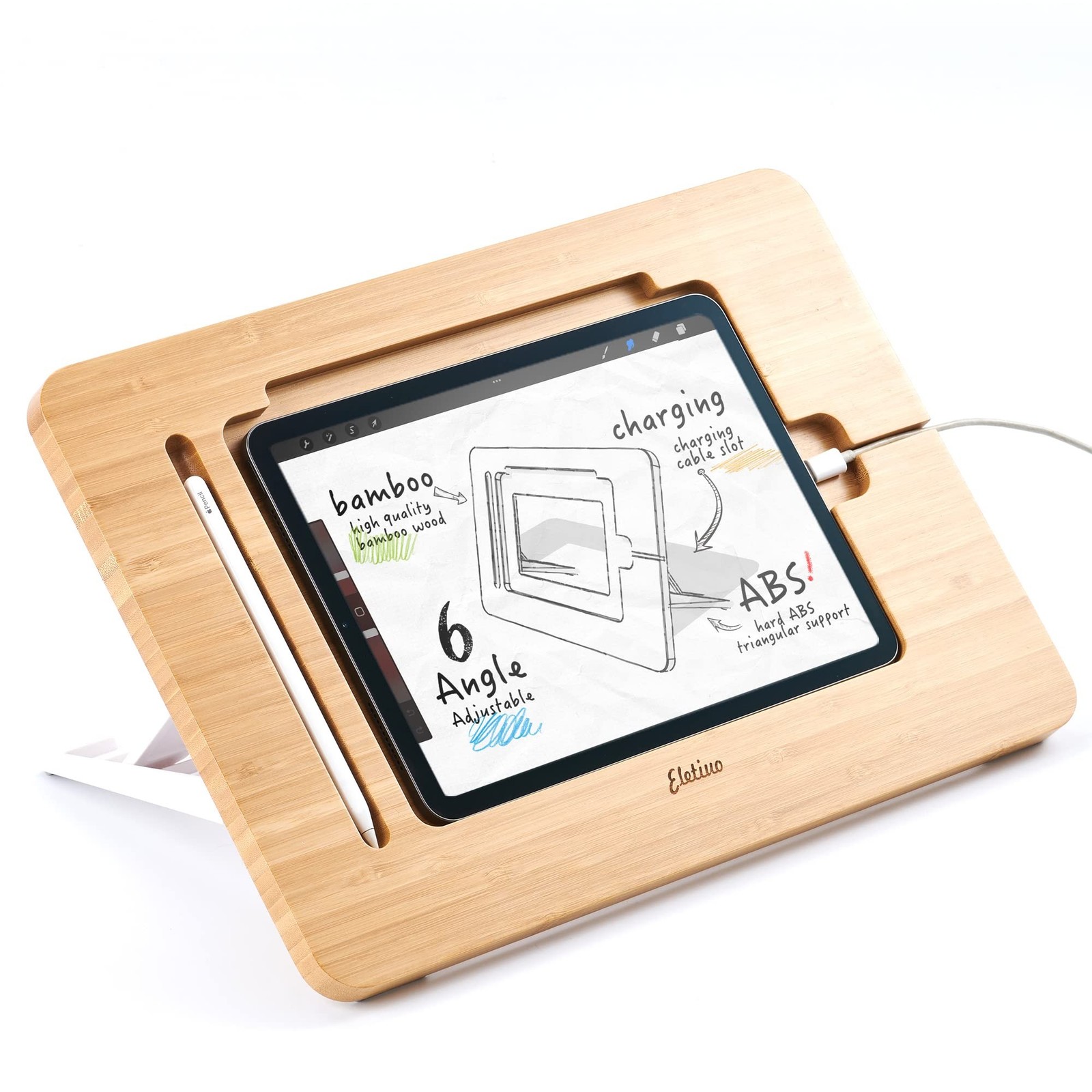 ELETIUO Upgraded Bamboo Wooden Drawing Ipad Holder with Pencil&Charger Cable ...