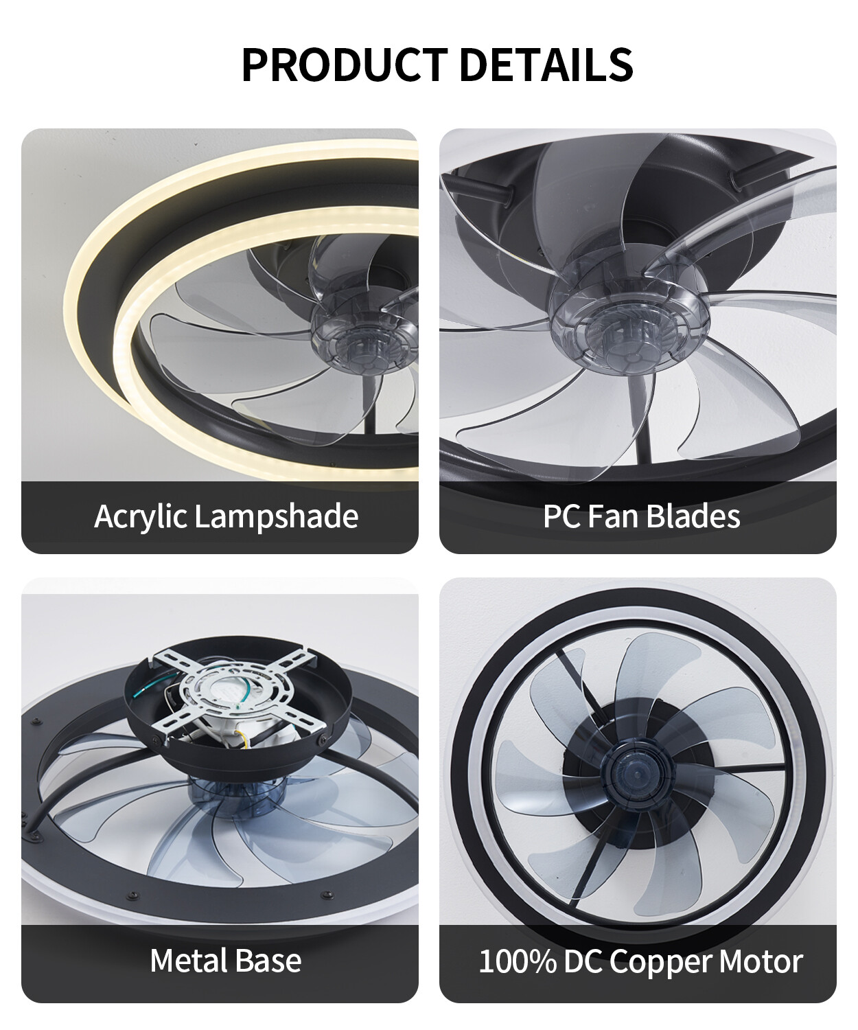 20" Modern LED Ceiling Fan Lights Flush Mount Light kit With APP Remote Control