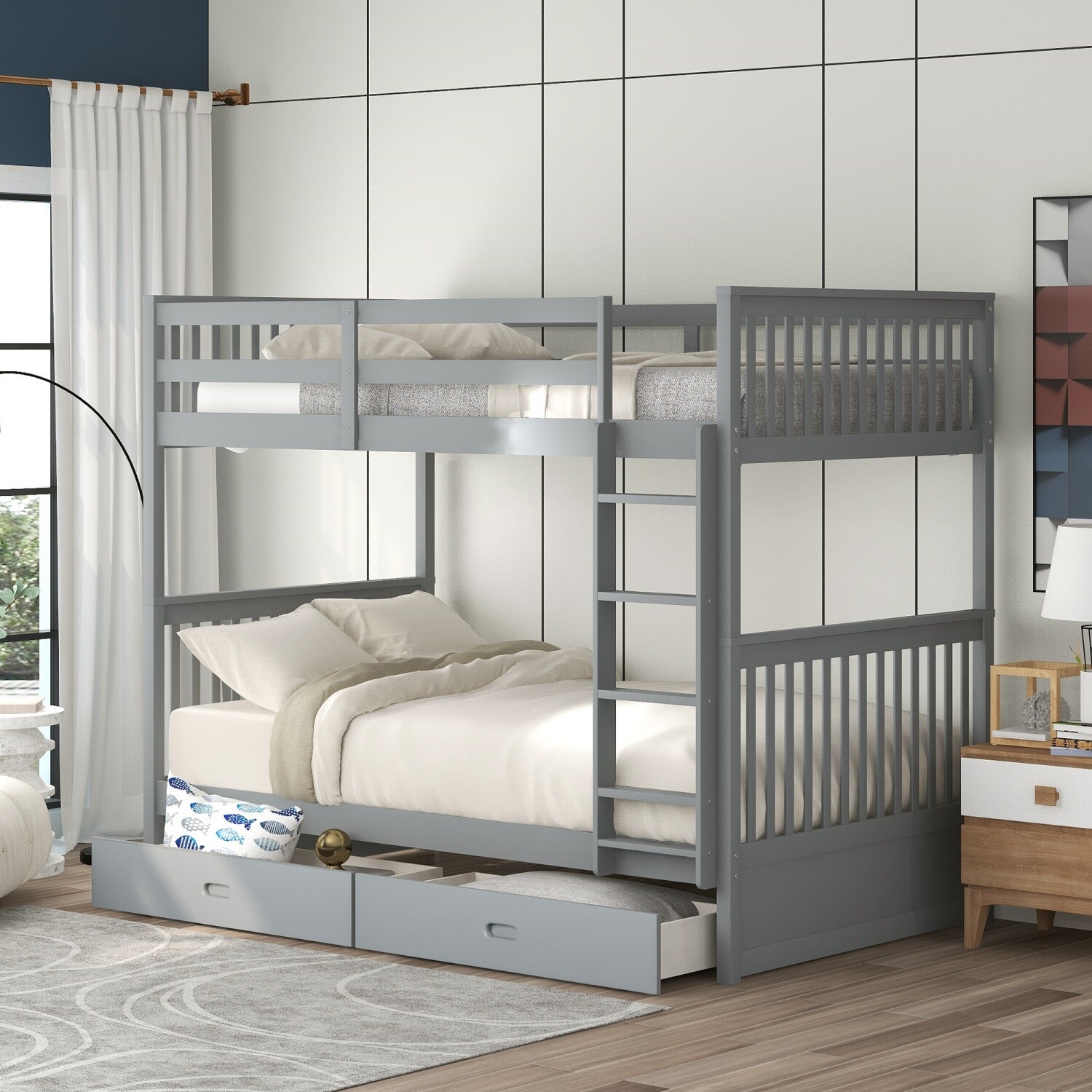 Modern Detachable Twin Over Bunk Bed Wood Bed Frame w/ 2 Drawers & Ladder Gray