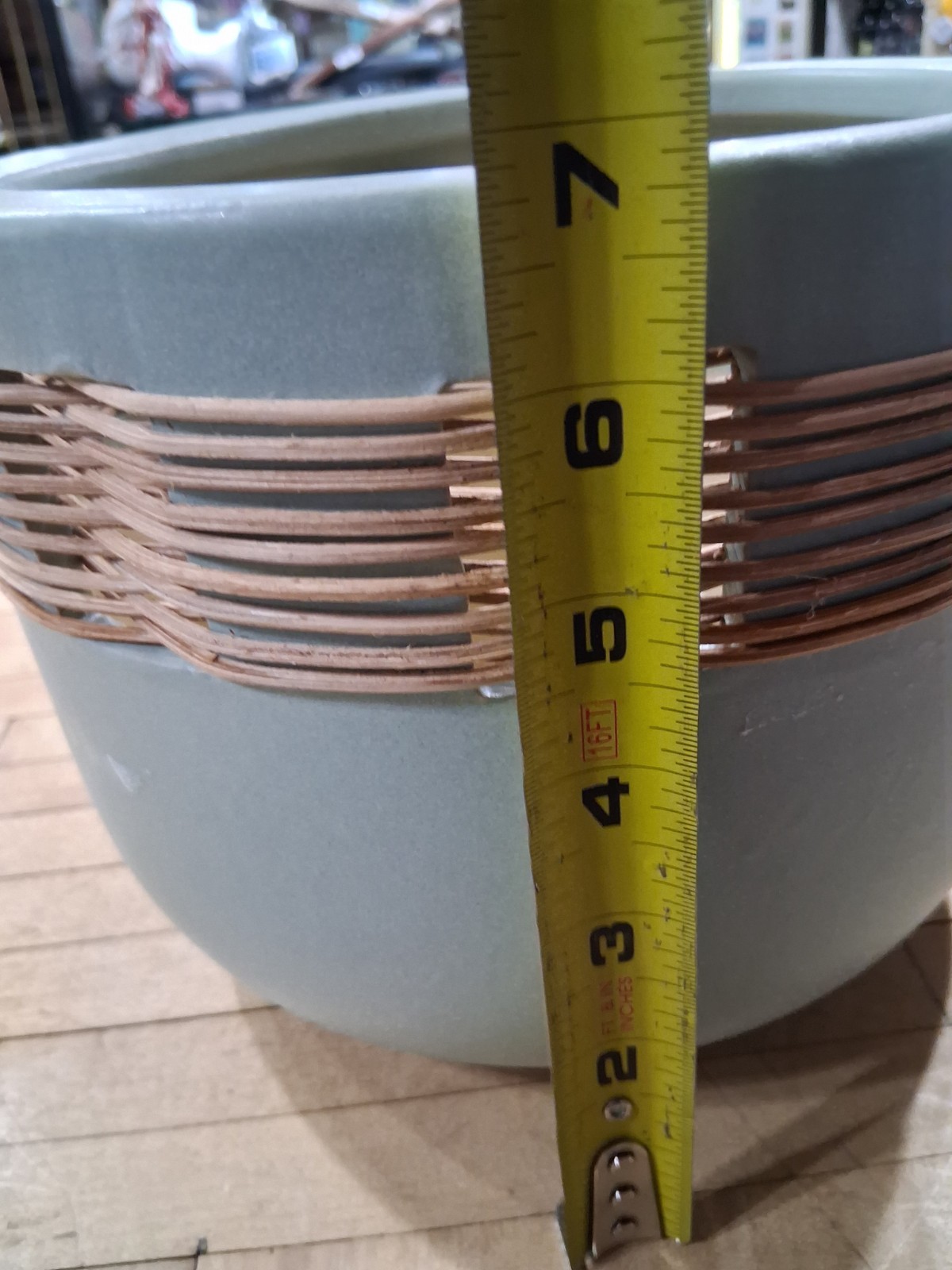 Sage Green Ceramic Planter with Woven Wicker Band