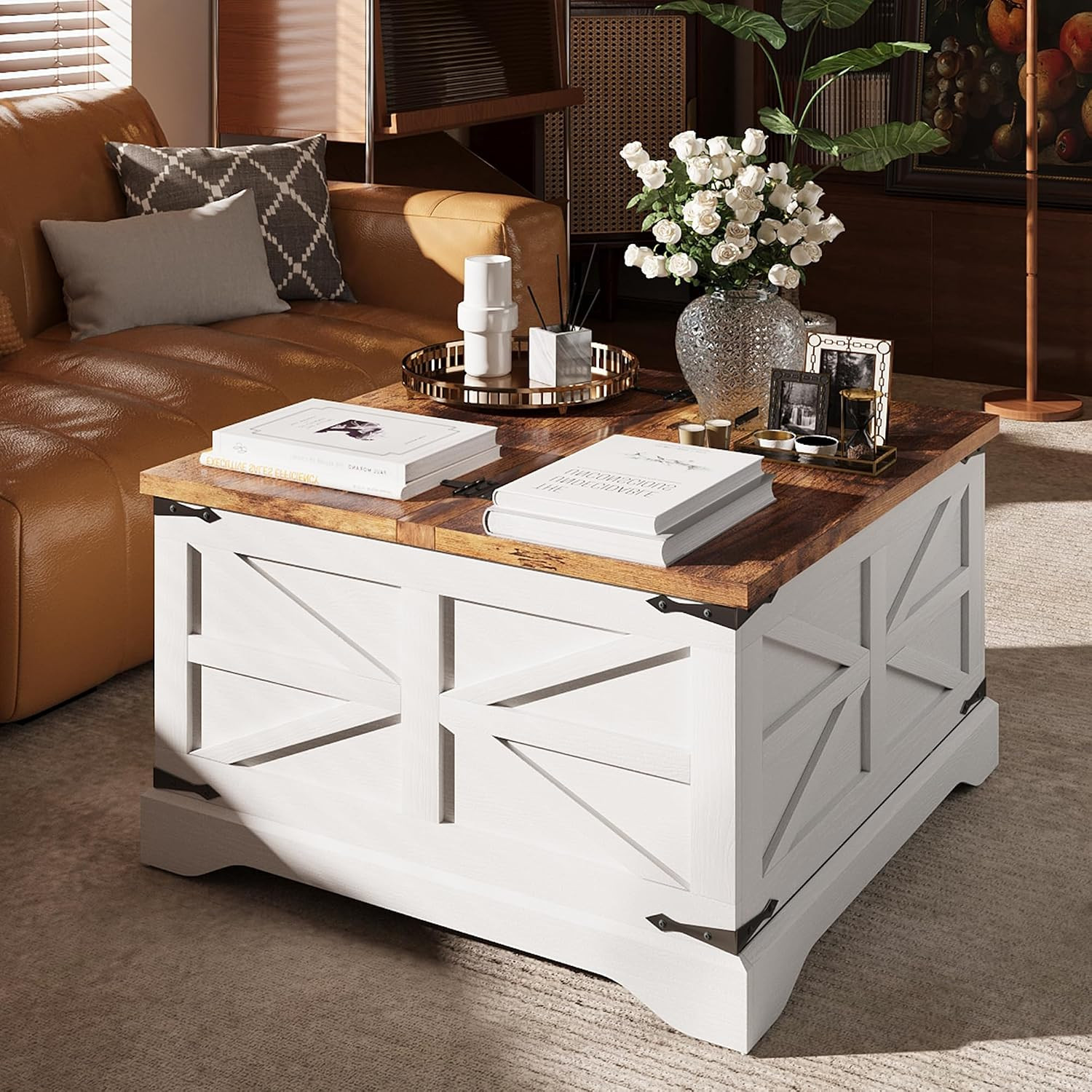 Farmhouse Coffee Table with Storage, Square Coffee Tables for Living Room, Rusti