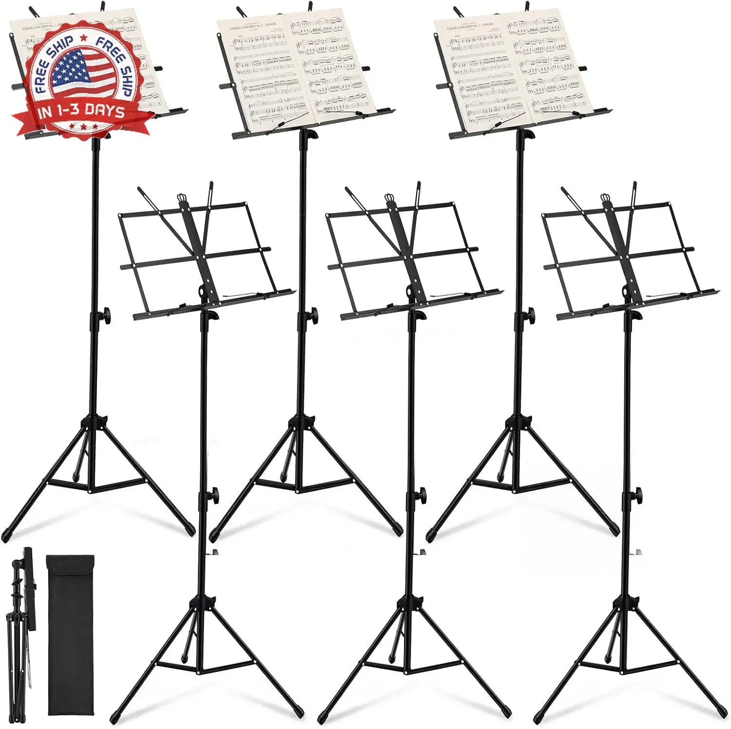 Threehoney 6 Pack Portable Folding Music Stand with Carrying Bags, Dual Use Meta
