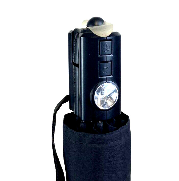 Smart Compact Manual Umbrella with Battery Powered Fan, Light, Compass