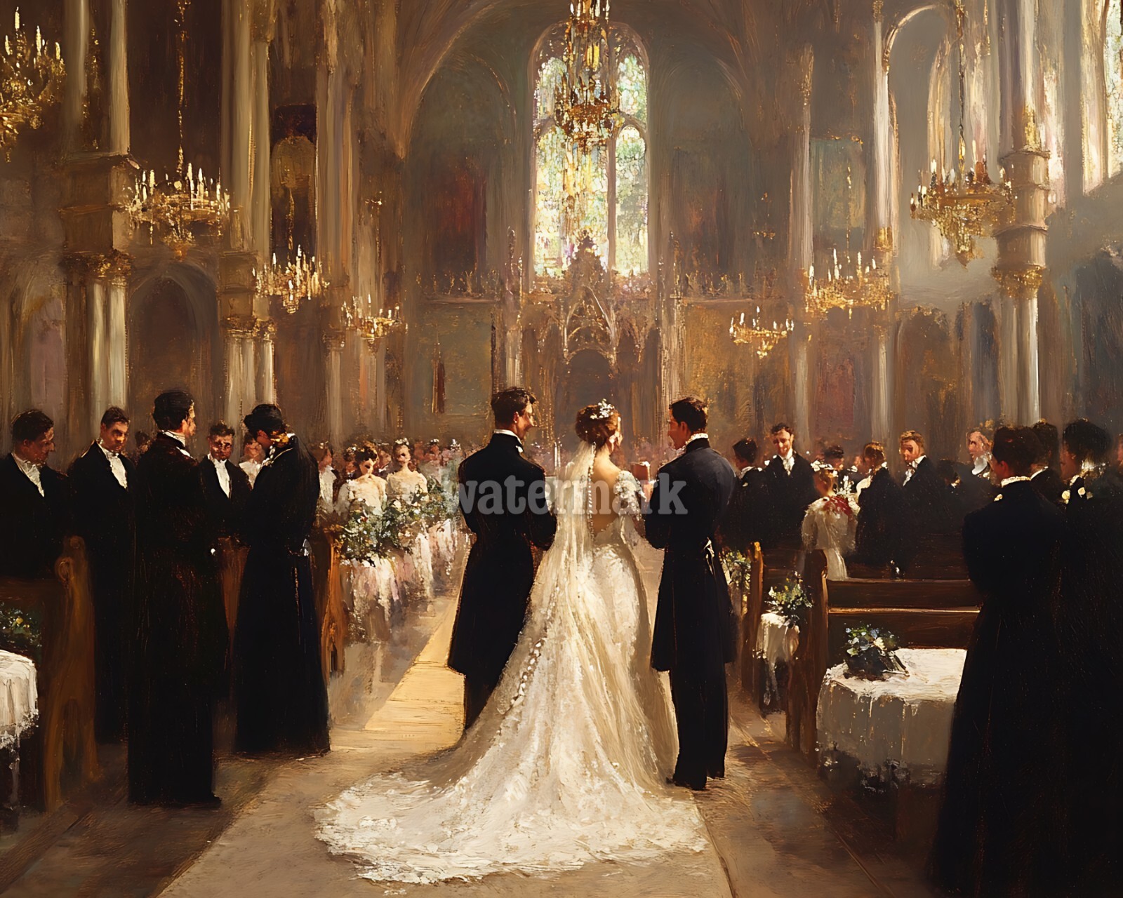 Victorian wedding in a grand church oil Painting 8x10 Print