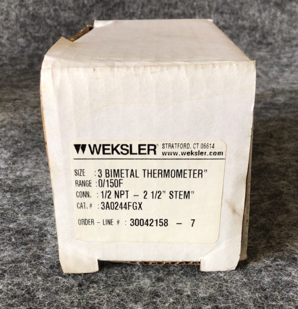 Weksler 3A0244FGX Bimetal Thermometer 3" Dial 0-150F 1/2 NPT 2-1/2" Stem New