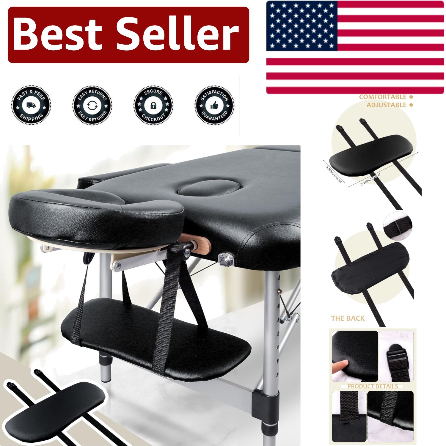 Comfortable Adjustable Hanging Arm Rest for Massage Tables - Black Design