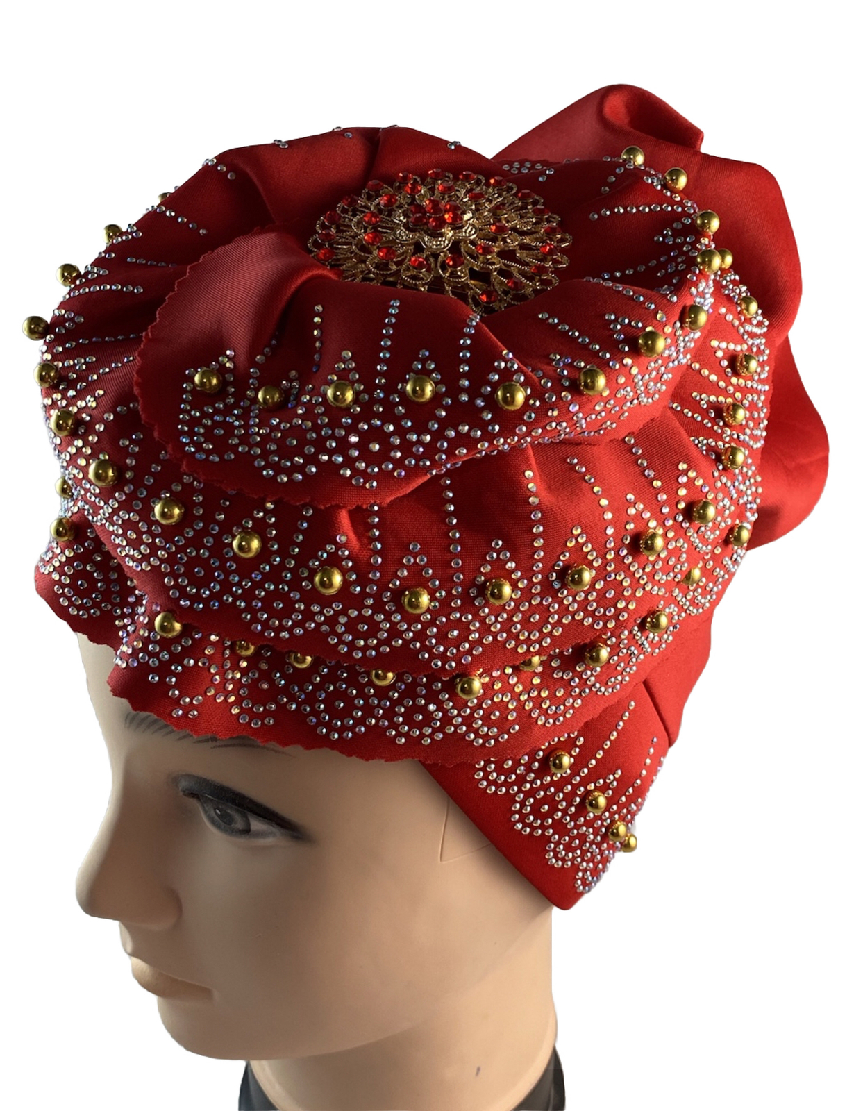 African Women Spandex Ornate Stretch Turban Hat Ladies Head Piece ~ Red