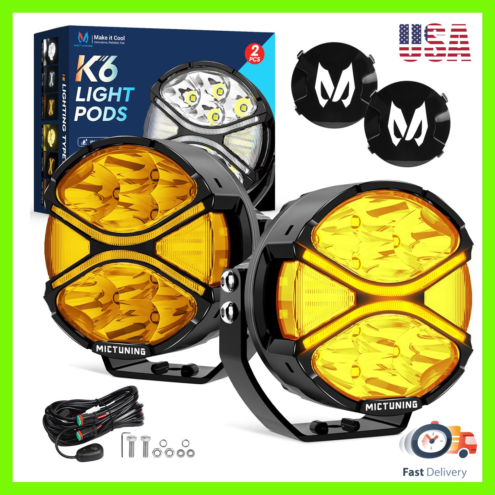 4 Inch LED Round Light Pod Kit Amber DRL Turn Signal & Flood Beam Work Light New