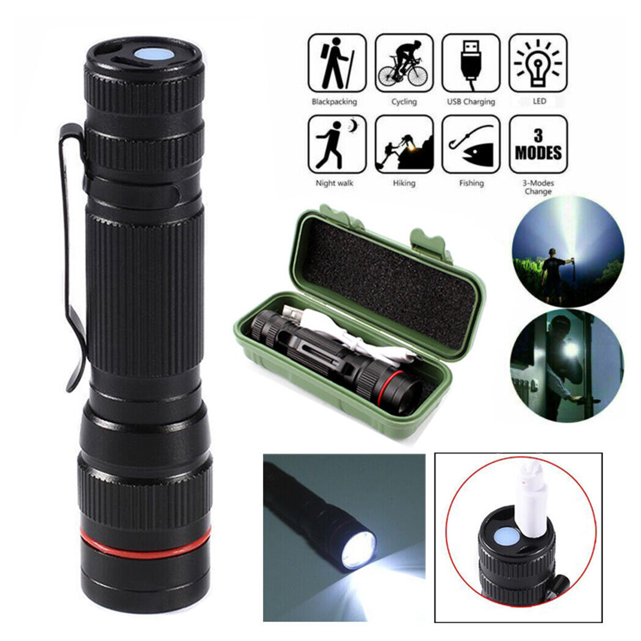 2pcs Super Bright Torch LED Flashlight USB Rechargeable Camping Portable lamp