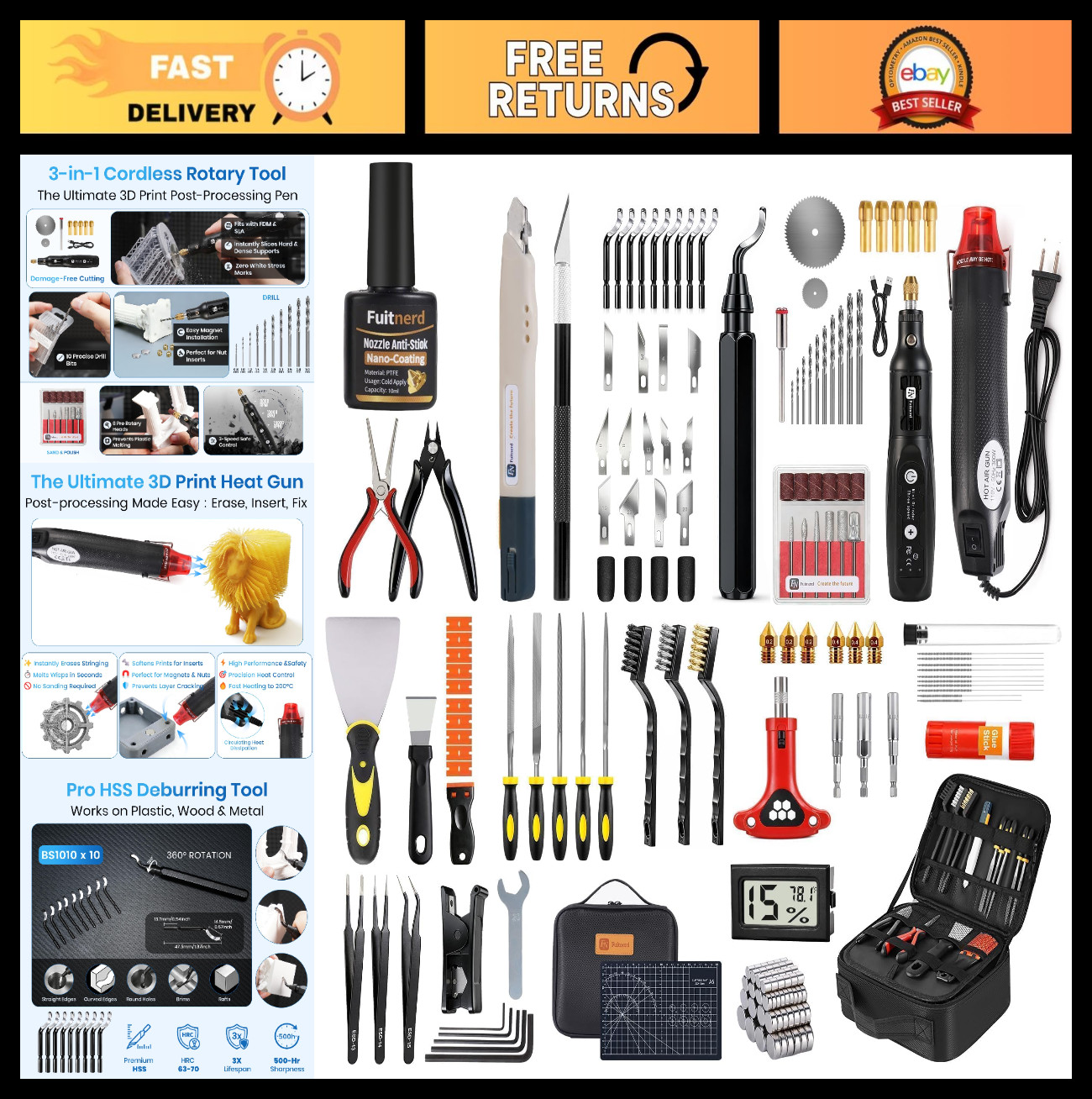 142Pcs 3D Printer Tool Kit - Rotary Tool, Heat Gun, Nozzle, Deburring Tools & Ca