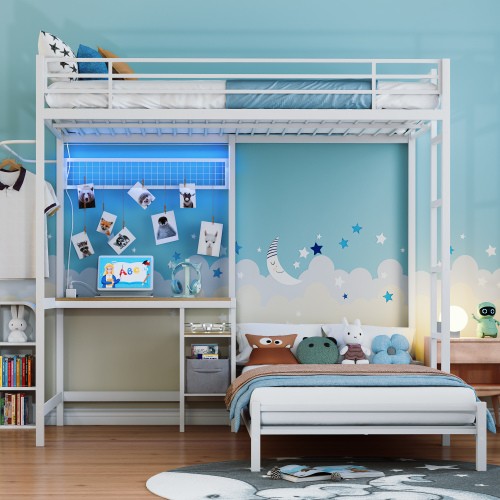 Twin Over Twin Metal Bunk Bed with Ladder, Guardrail, White