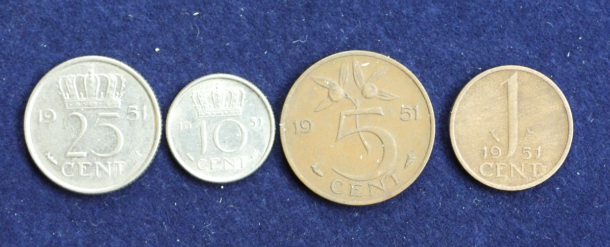 LOT of 4 1951 Netherlands 1 5 10 25 Cent Bronze & Nickel Coins KM180 181 182 183