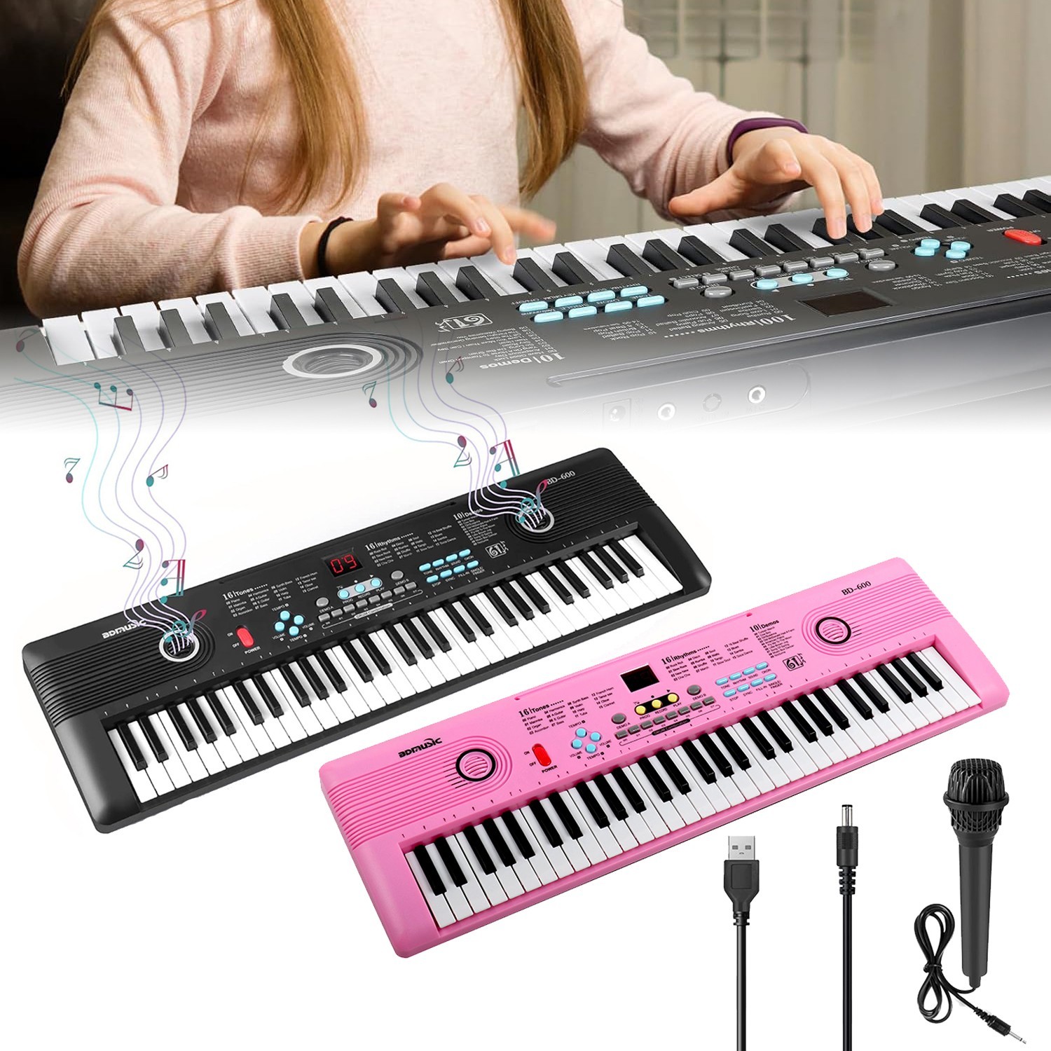 61 key Kids Electronic Digital keyboard Piano Built-in Speakers, with Microphone