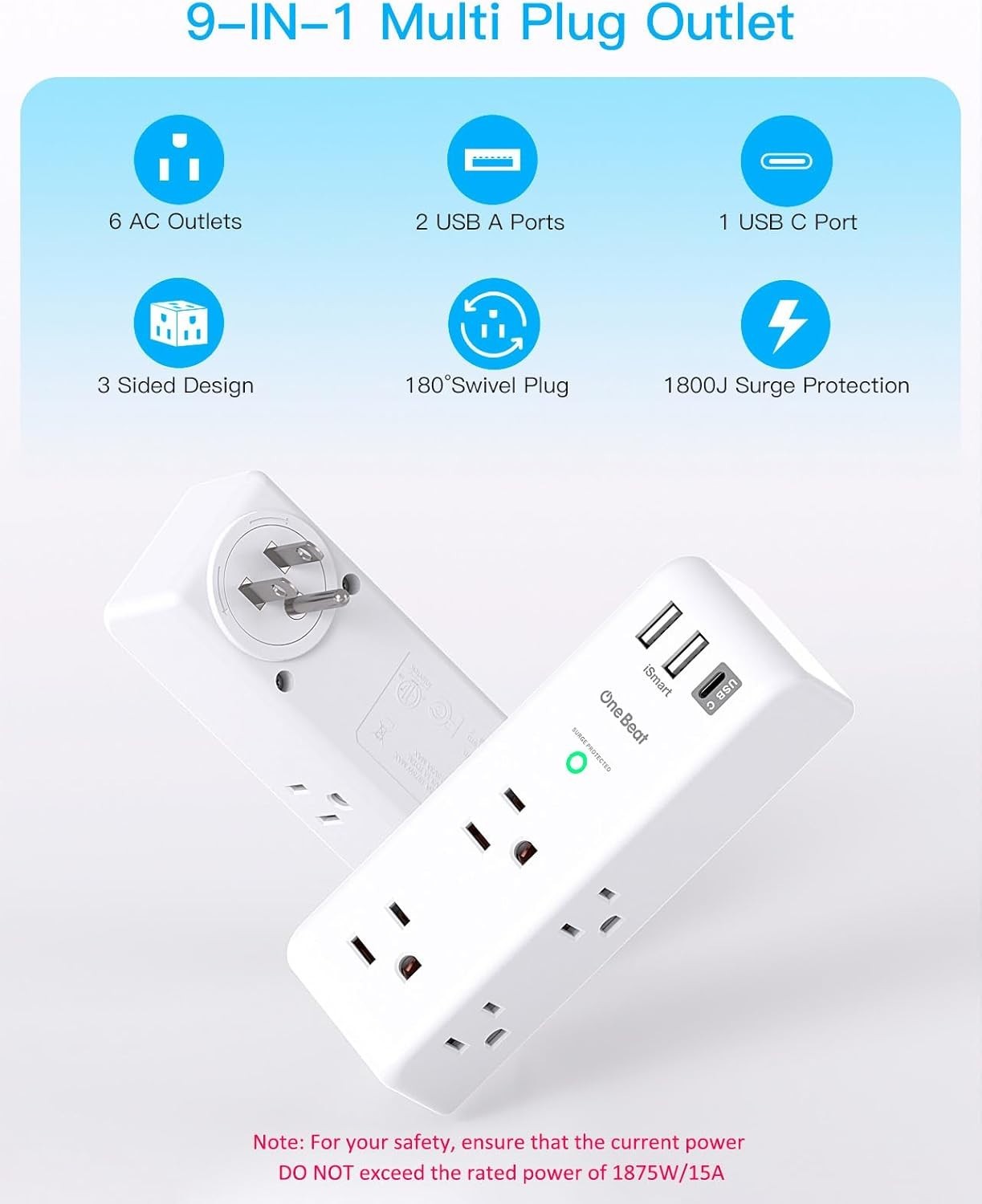 3-Sided Surge Protector with 6 AC Outlets & Rotating Plug for Home & Travel