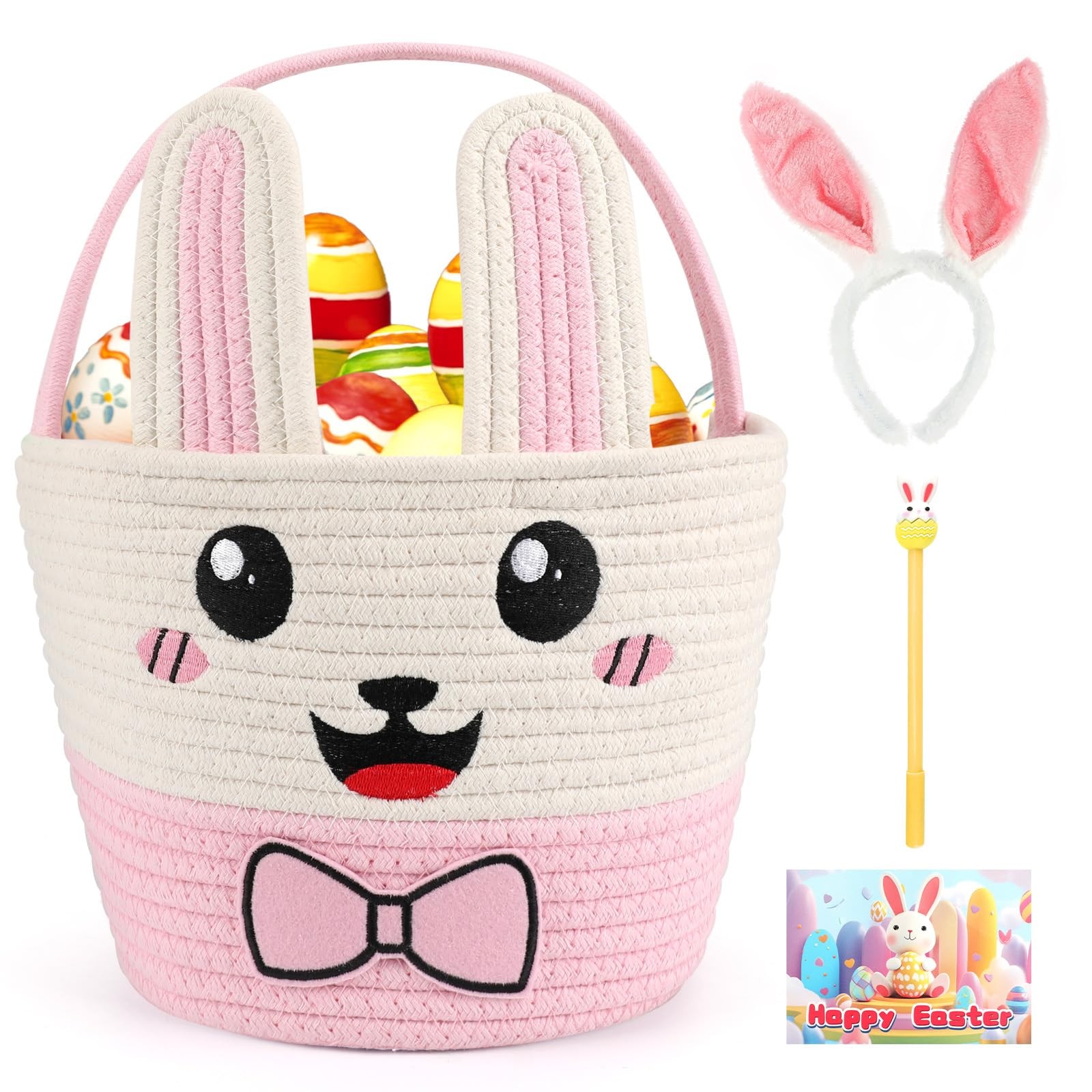 Hooutky Easter Bunny Basket for Kids, Large Capacity Easter Egg Fillable Bask...