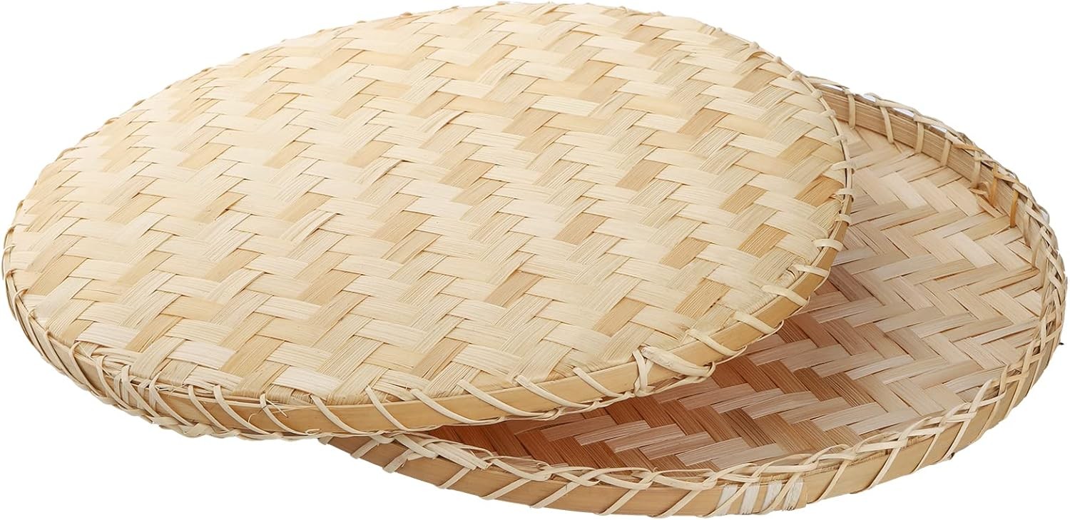 Handmade Woven Bamboo Basket Tray 13 Inch Round Flat Shallow Storage Serving for
