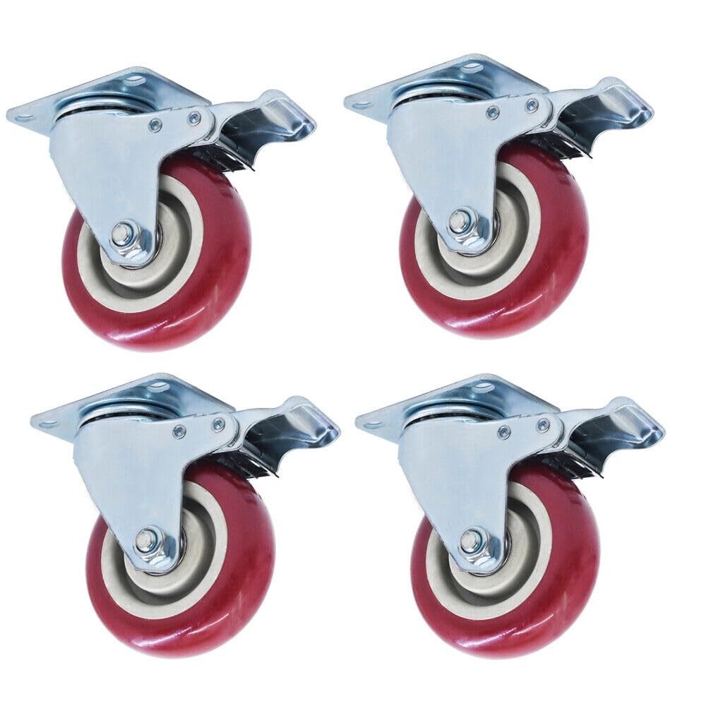 4 Pack 4" Caster Wheels Swivel Plate Total Lock Brake Red Polyurethane PU
