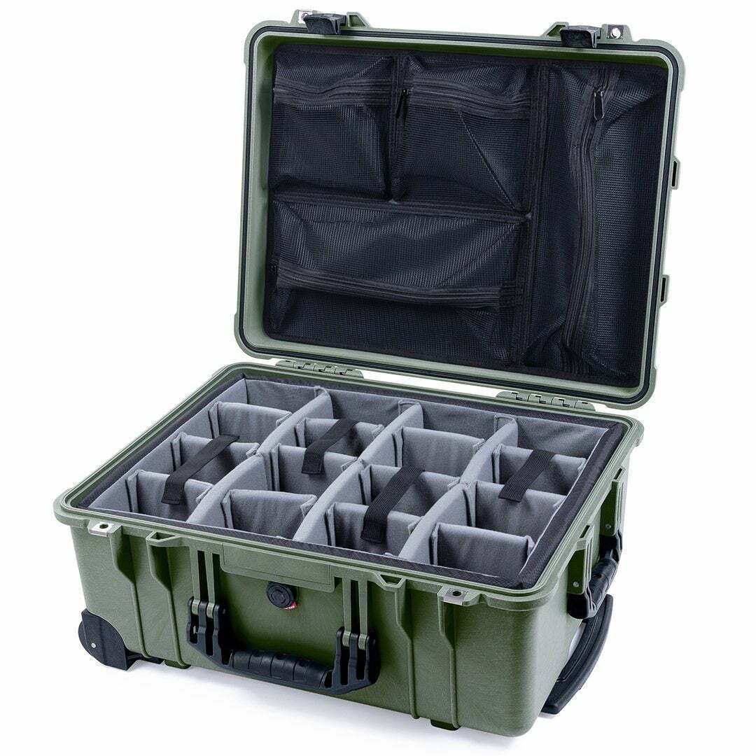 New OD Green & Black Pelican 1560 case with grey dividers & mesh organizer.