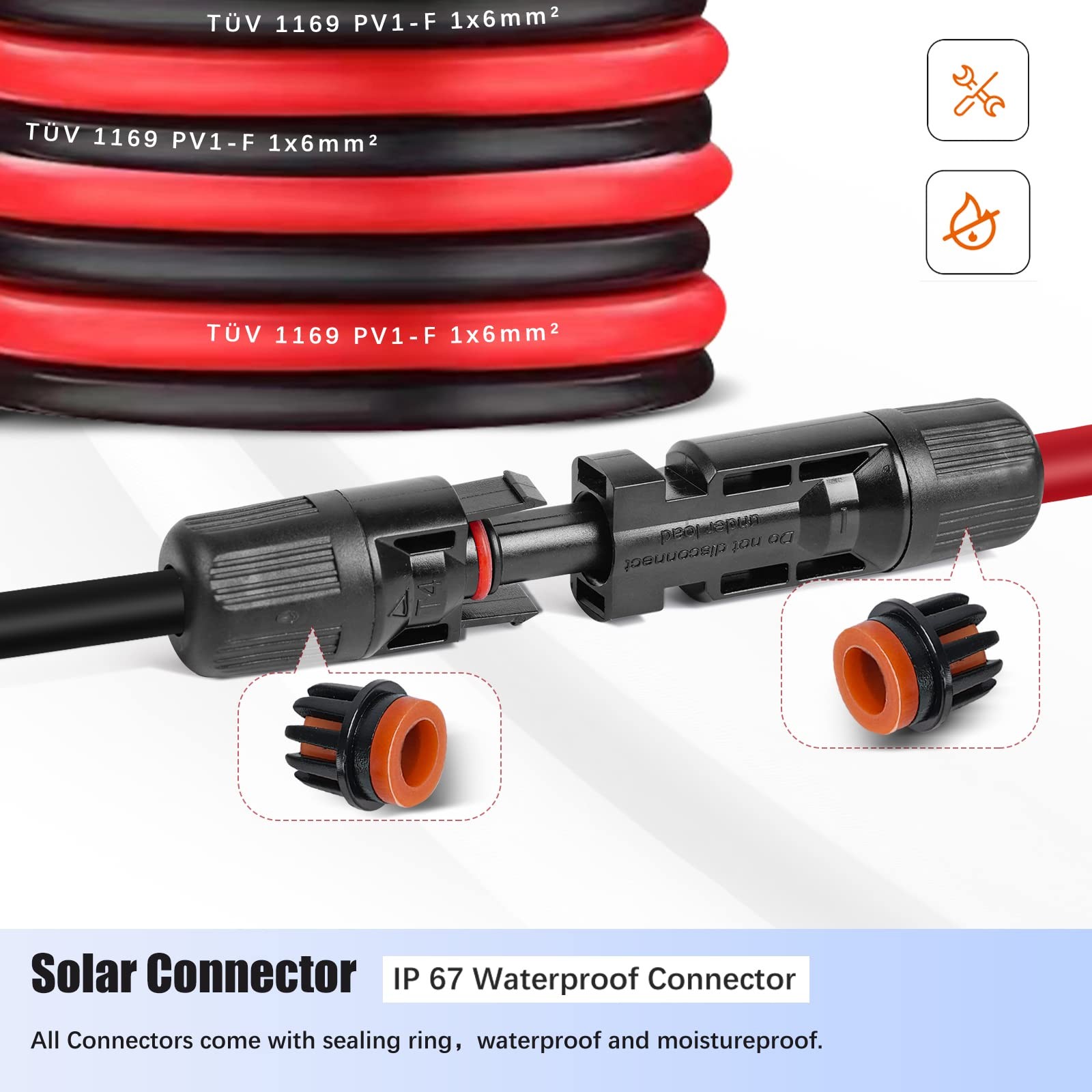 AAKL Solar Extension Cable 20ft 10AWG Red/Black PV Panel Wire