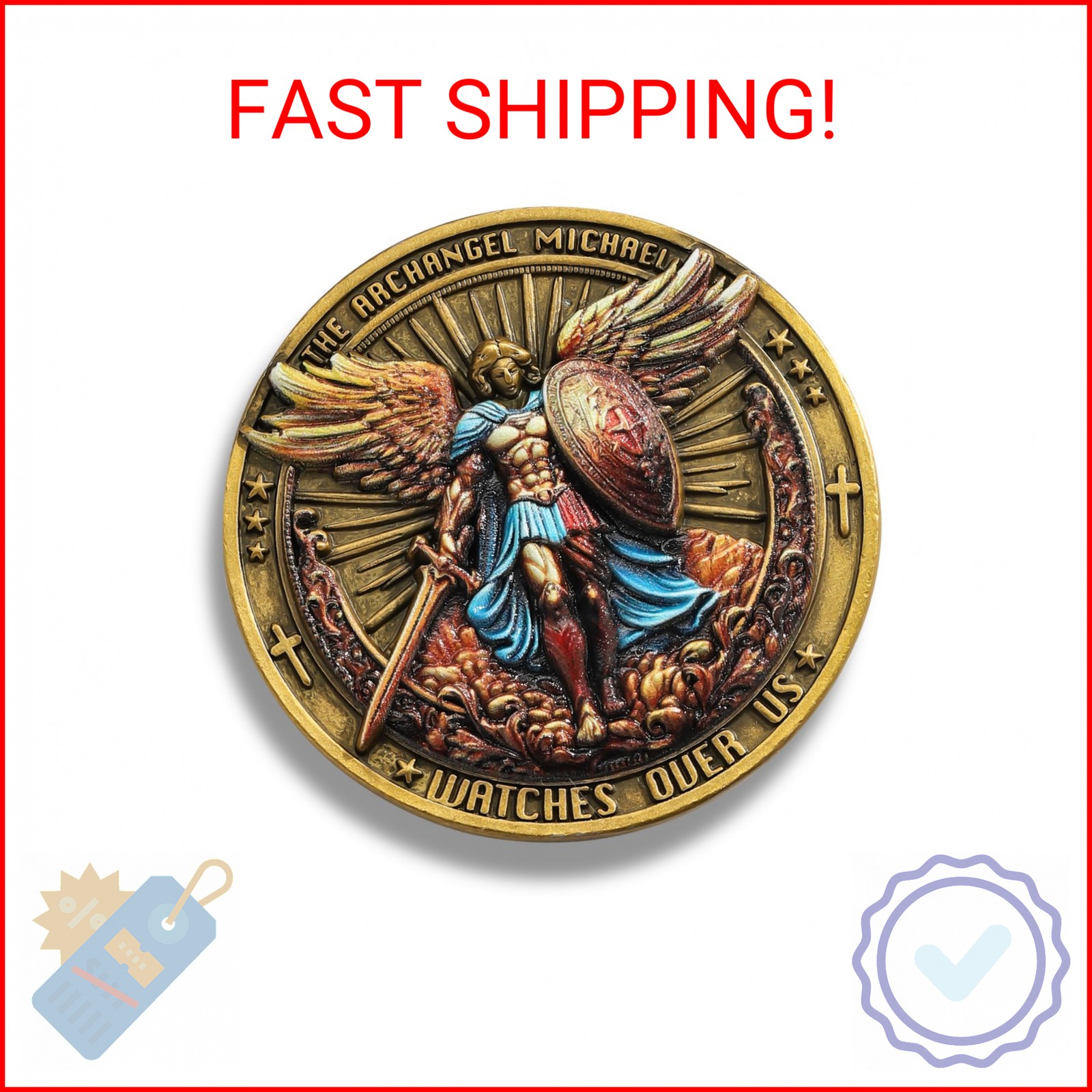 St Michael the Archangel Watches Over Us Token with Psalm 91:10-11 Bible Verse,