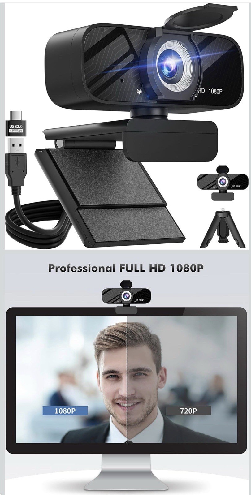 Full HD 1080P USB Webcam with Privacy Cover, Microphone, Plug & Play, Black
