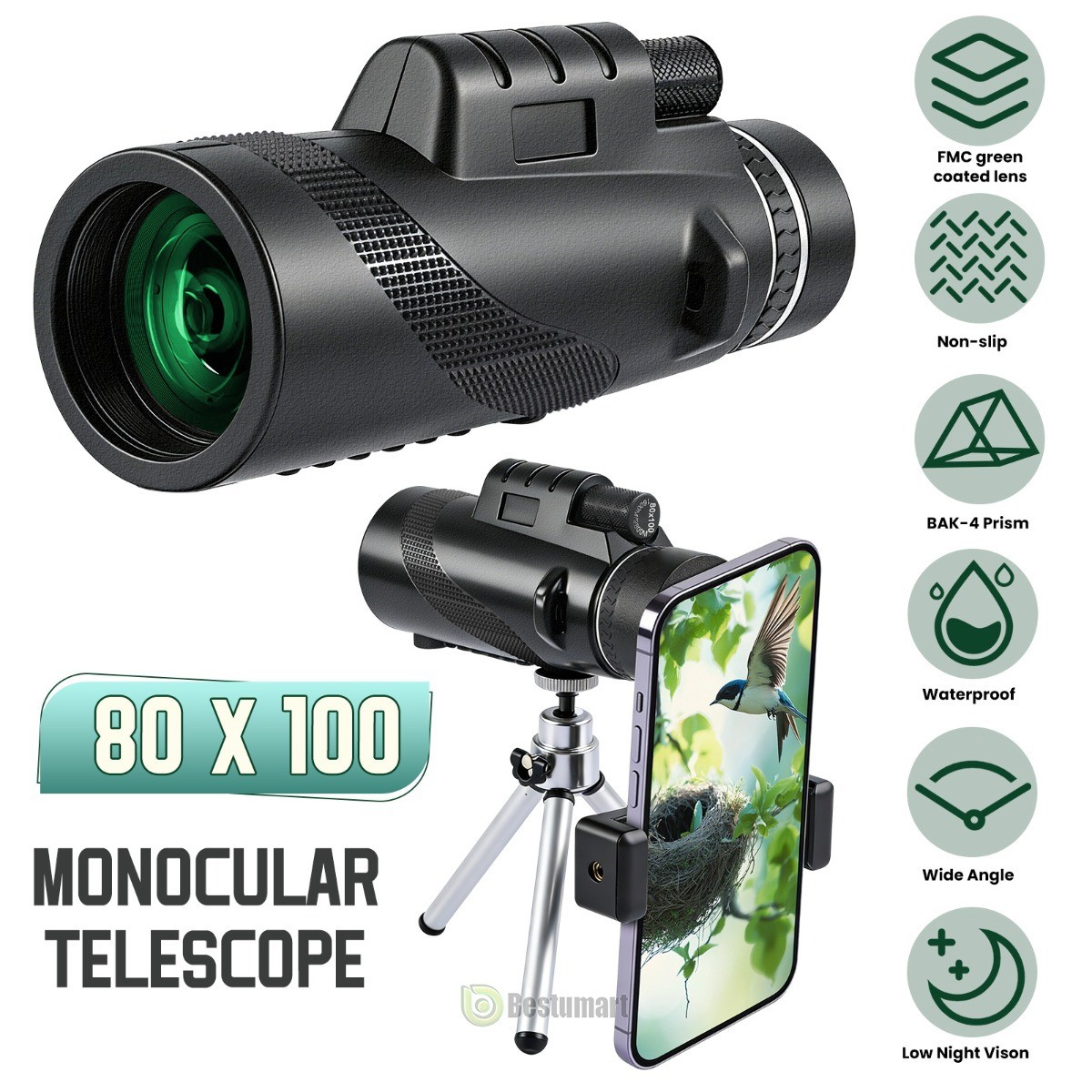 80x100 Day Night Vision HD Monocular Starscope Monocular Telescope BAK4 +Tripod