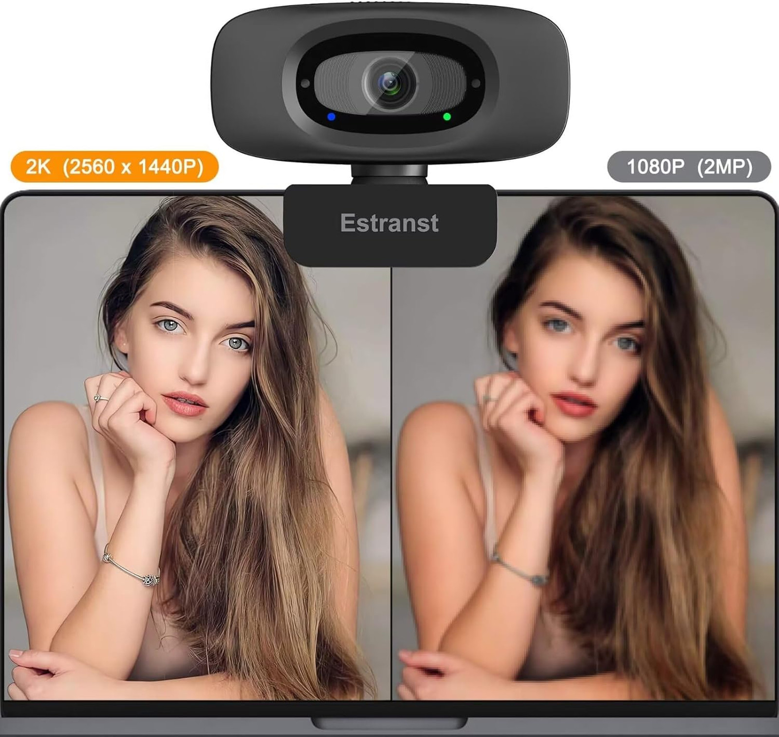 2K Quad HD Webcam with Privacy Cover Microphone USB C Adapter for PC Laptop