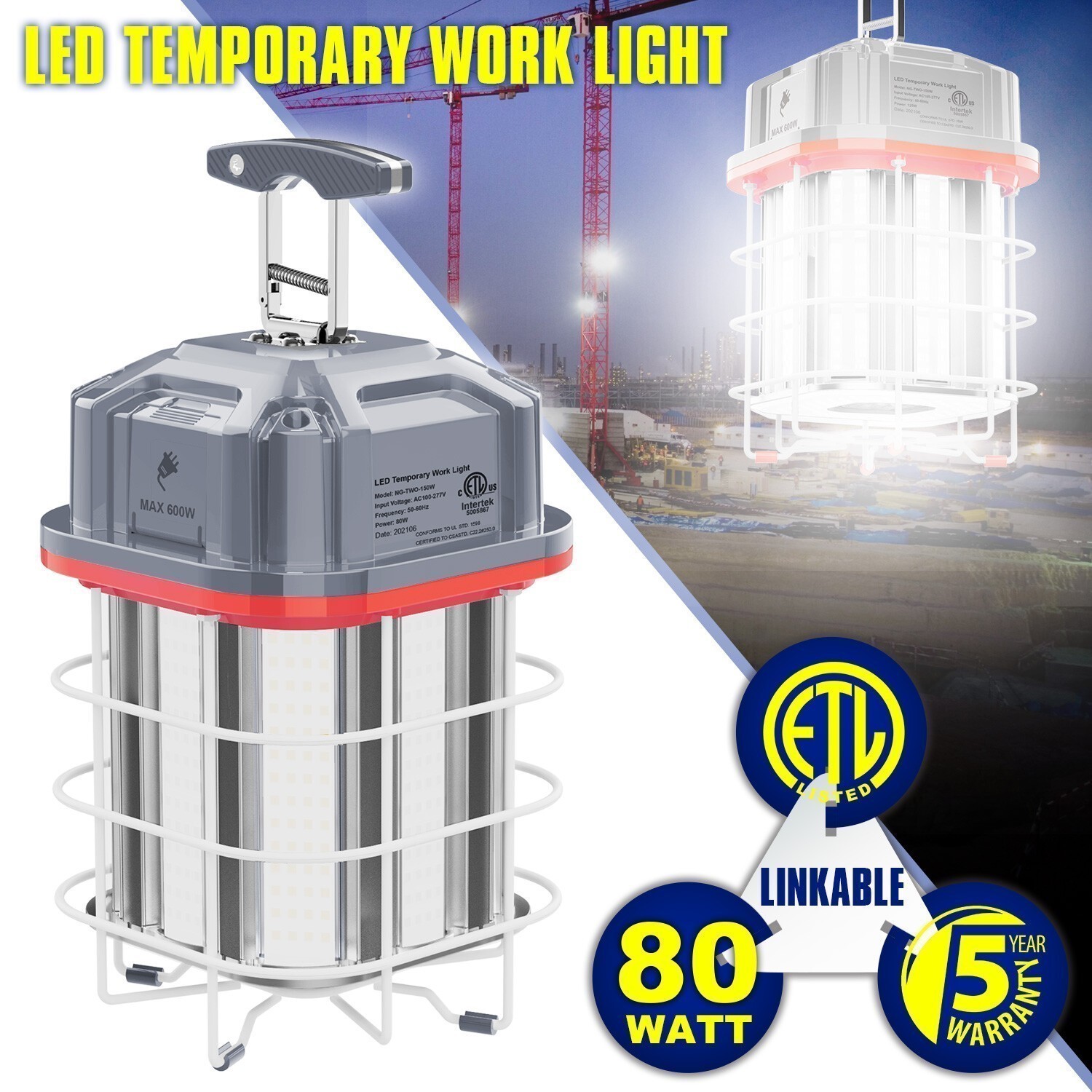 Industrial 80W LED Temporary Work Light 12000LM Linkable Constructions Work Lamp