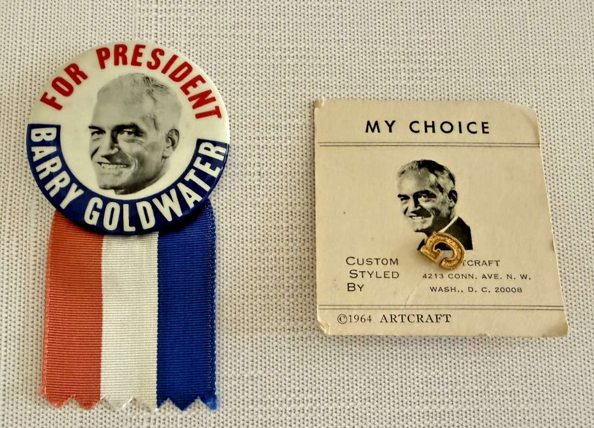 1964 Barry Goldwater Campaign Button w Ribbon & 1964 RNC Convention Badge SF
