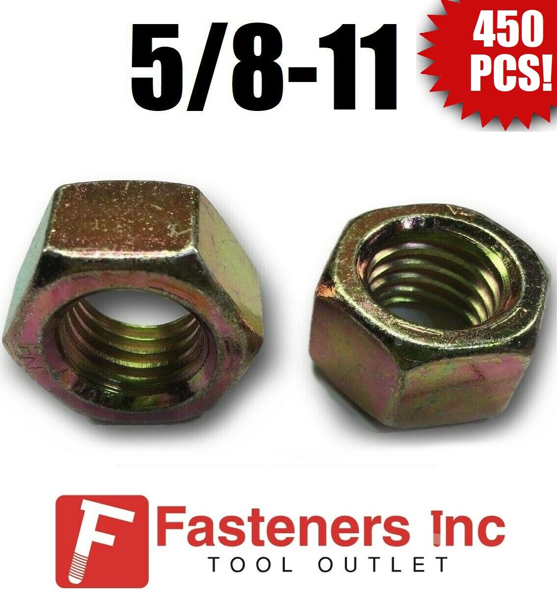 (Qty 450) 5/8-11 Grade 8 Finish Hex Nuts Yellow Zinc Plated Hardened Bulk Box