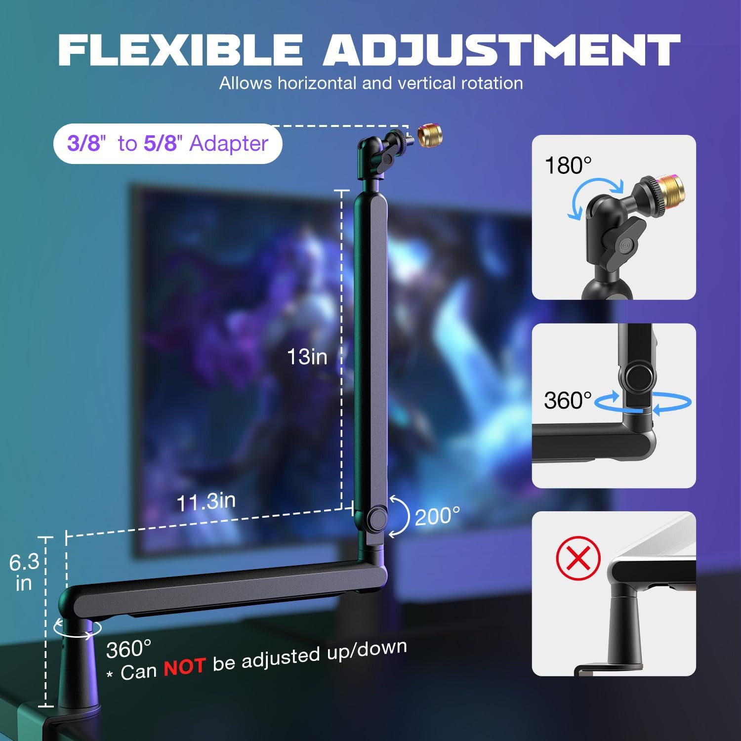 Microphone Boom Arm, Low Profile Adjustable Stick Microphone Arm Stand with Des