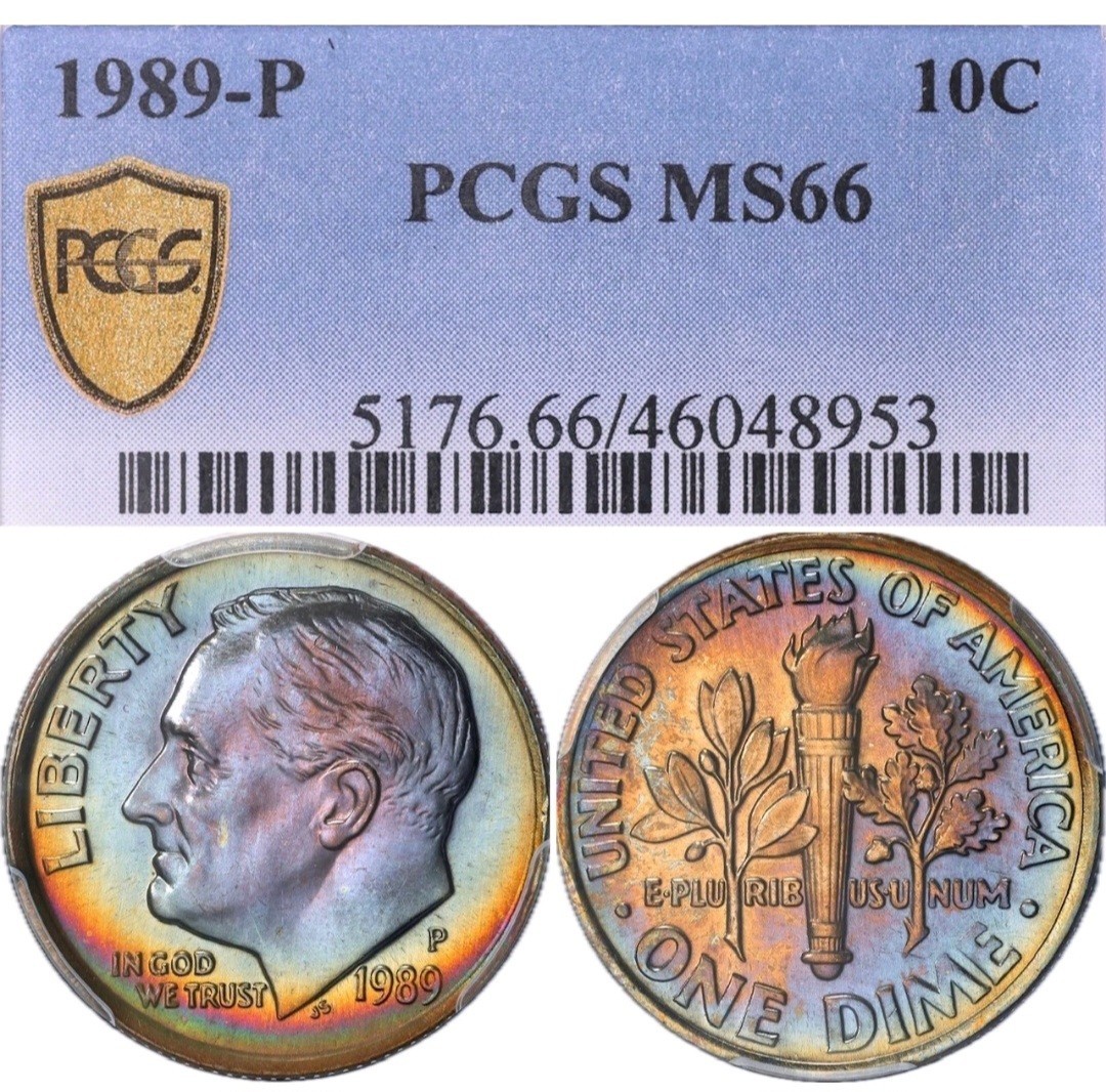 MS66 1989-P 10C Roosevelt Dime, PCGS Trueview- Bright Rainbow Album Toned