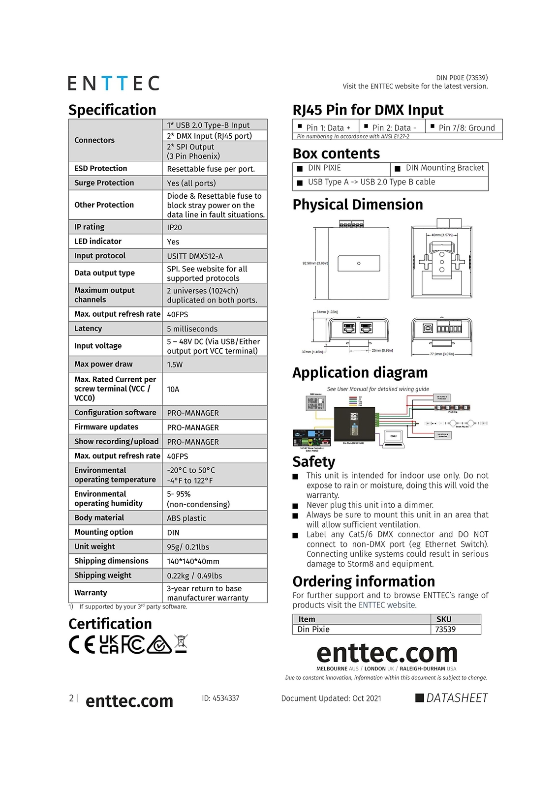 Enttec Din Pixie 73539 2-Universe DMX LED Pixel Controller, Black
