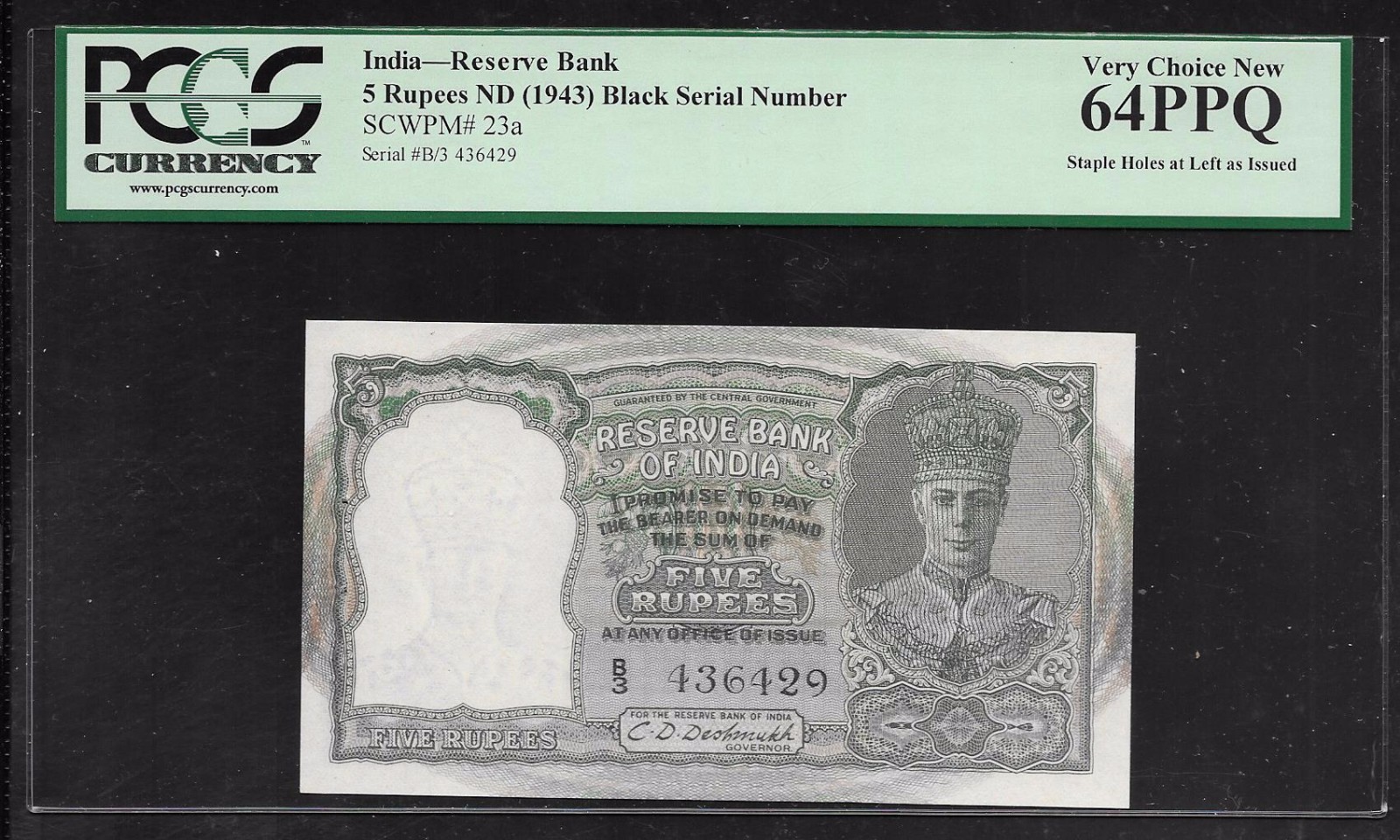 INDIA Paper Money - WWII Era 5 Rupees (1943) P23a - PCGS 64PPQ