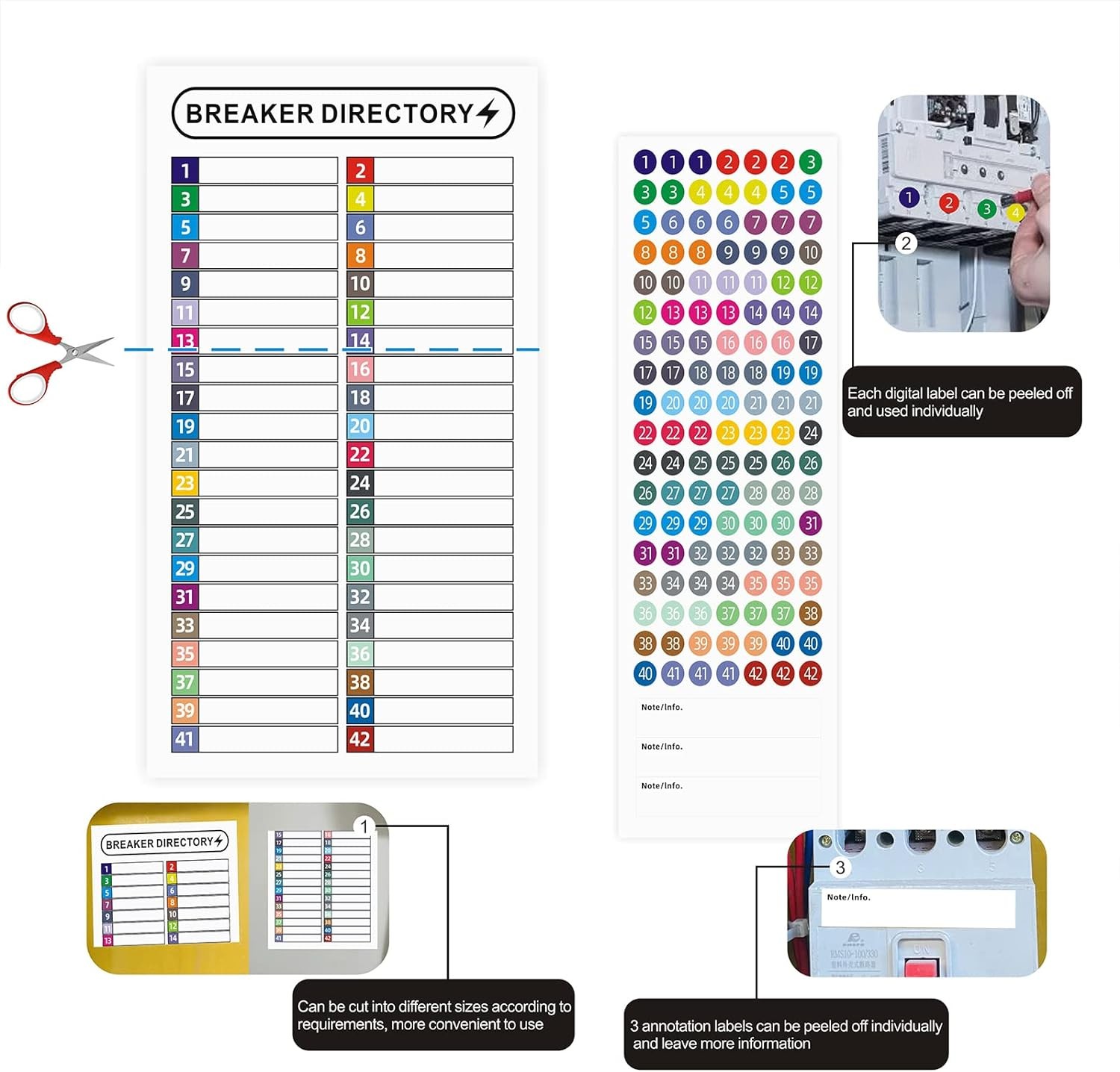 16 Sheets Breaker Panel Labels Electrical Box Sticker Numbers Mix Colors