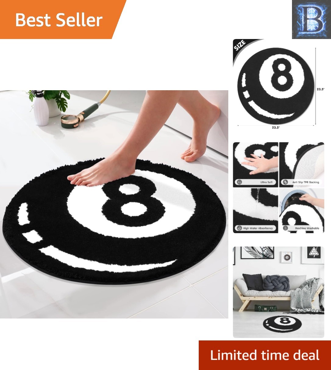 Minimalist 8 Ball Design Bath Mat - Non-Slip, Cozy Comfort for Your Bathroom