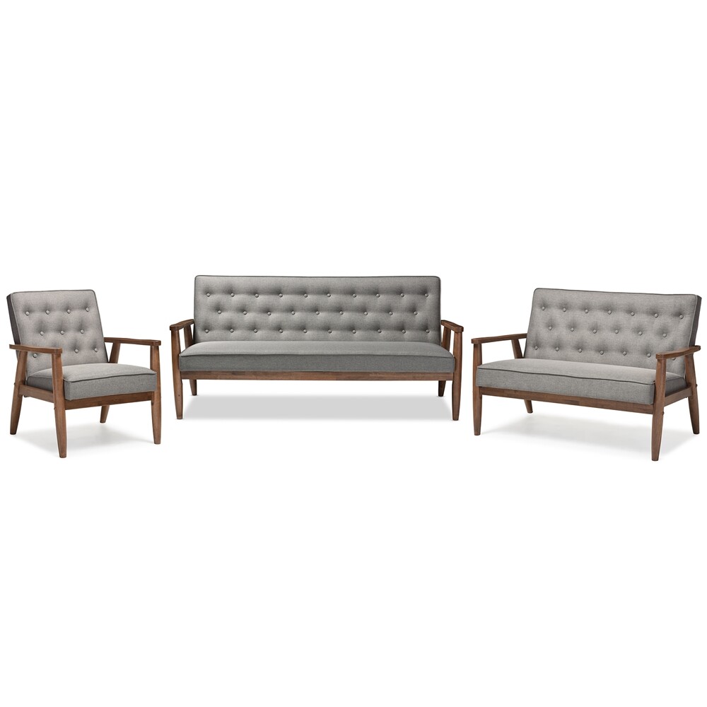 Mid-Century Dark Walnut Finished Gray Fabric Sofa, Loveseat, Chair or Set of all