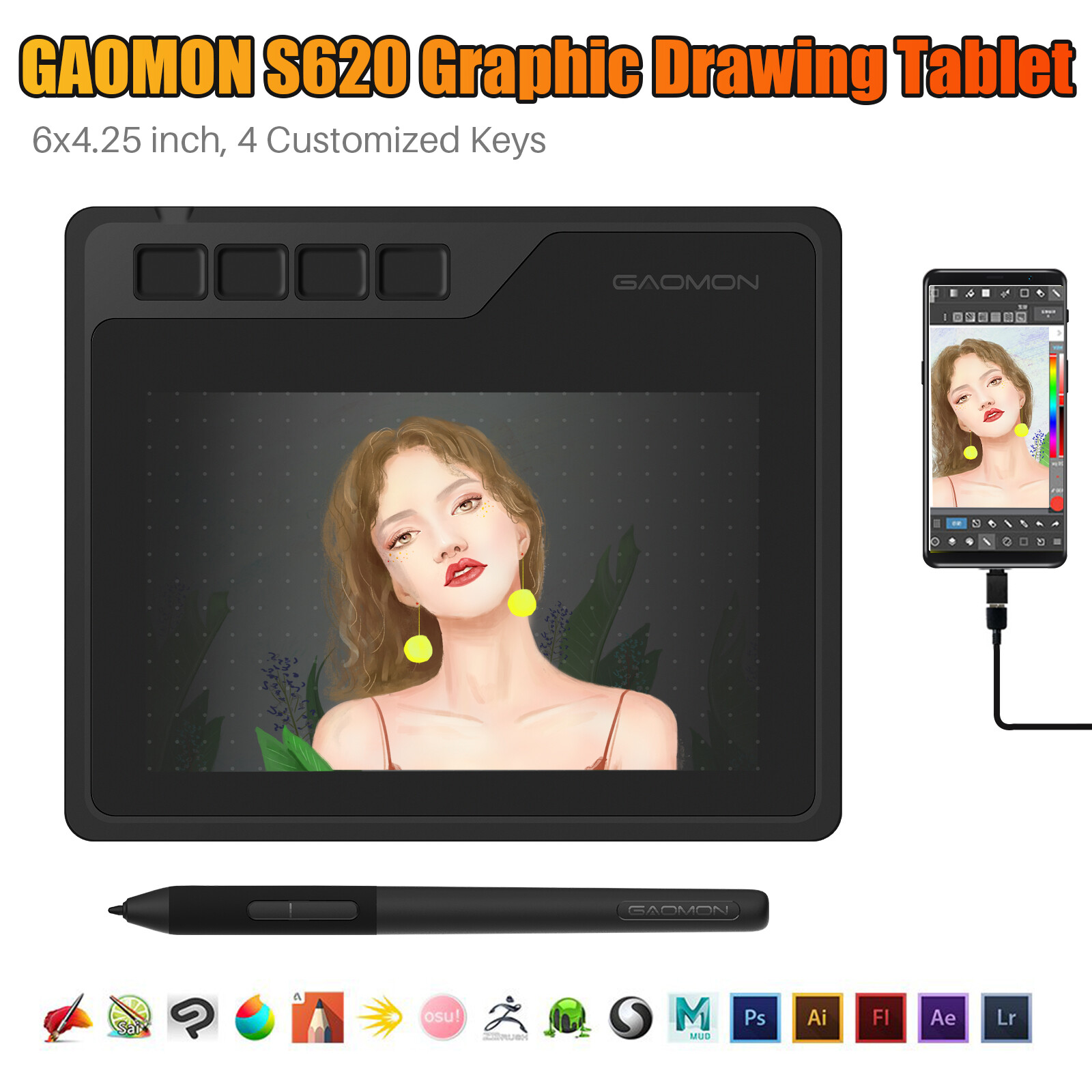 GAOMON S620 Drawing Tablet Art Graphic Battery-Free Pen 4 Express Keys Osu! Game