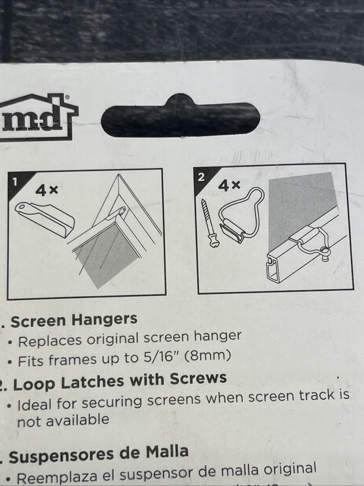 M-D frame fasteners for screen frame 5/16". 4 screen hangers, 4 loop latches