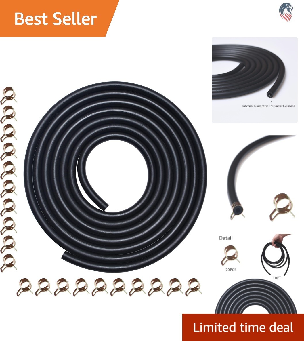 10 Feet 3/16" ID Rubber Fuel Line for Small Engines - Includes 20 Hose Clamps